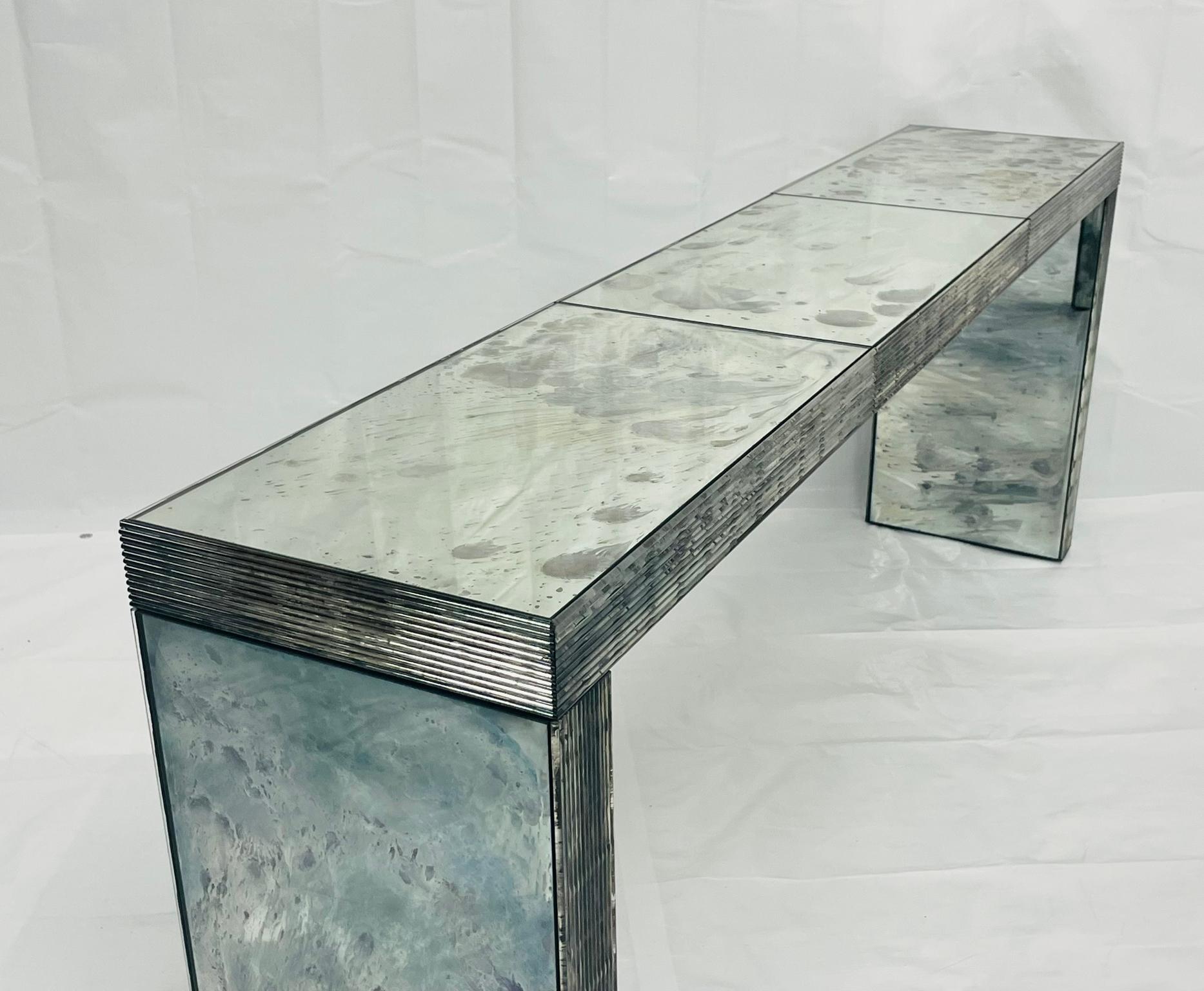 Modernist Antiqued Reeded Glass & Mirror Console Table by John Himmel, Canada For Sale 1
