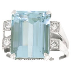 Modernist Aquamarine and Diamond-Set Platinum Ring