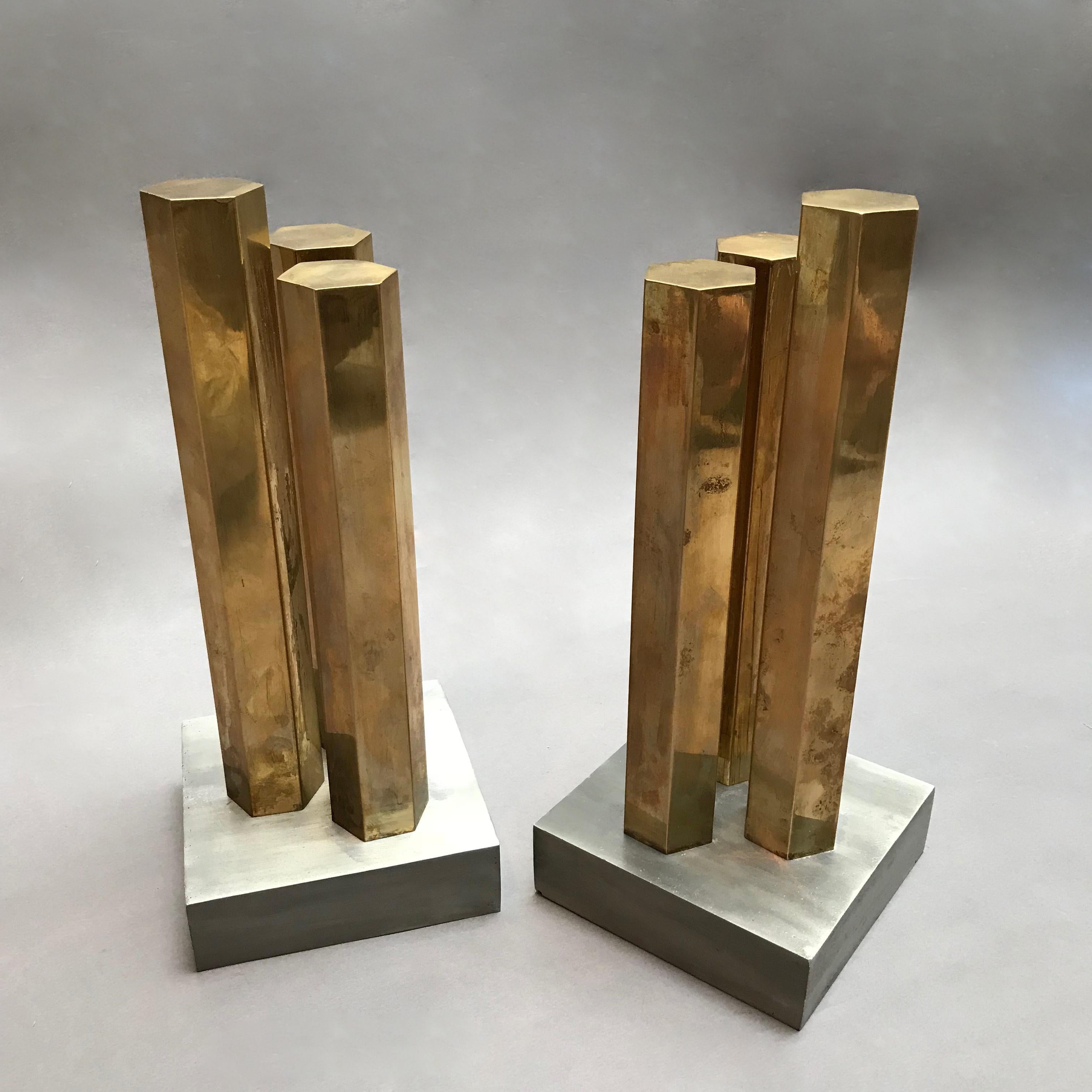 Mid-Century Modern Modernist Architectural Brass and Steel Andirons For Sale