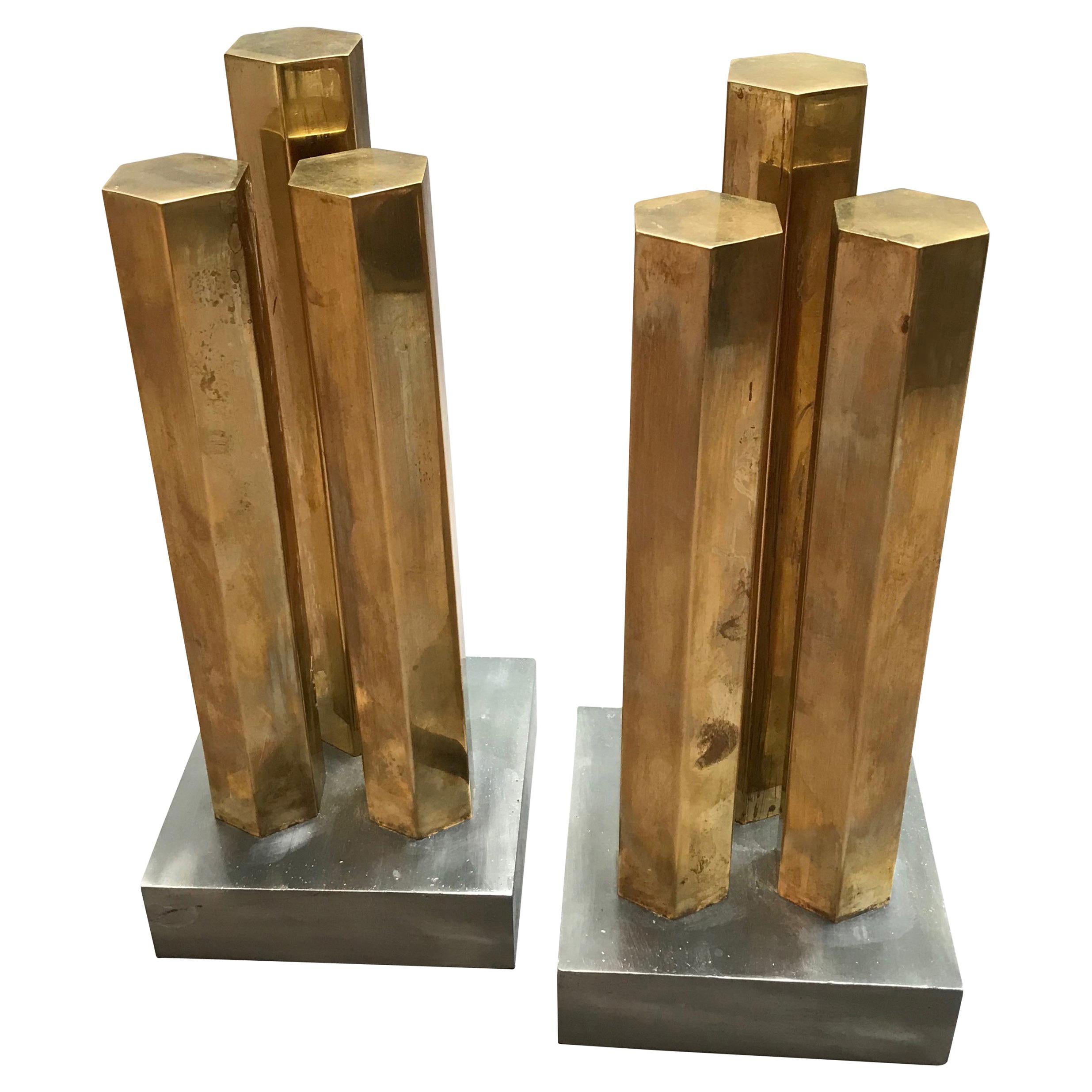 Modernist Architectural Brass and Steel Andirons For Sale
