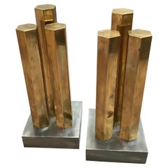 Retro Modernist Architectural Brass and Steel Andirons