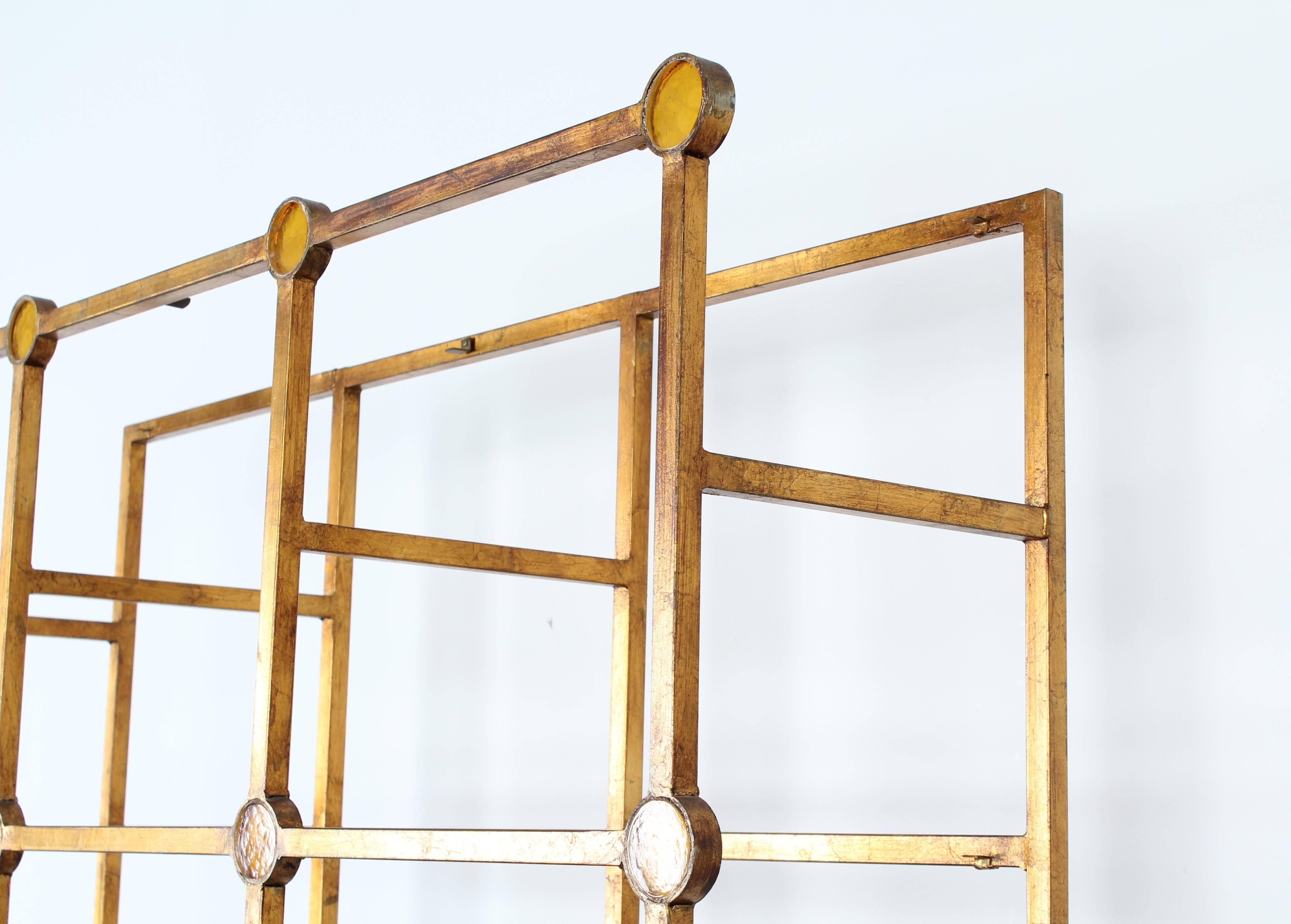 Italian Modernist Architectural Gilded Iron and Glass Rondelles Étagère, 1950s