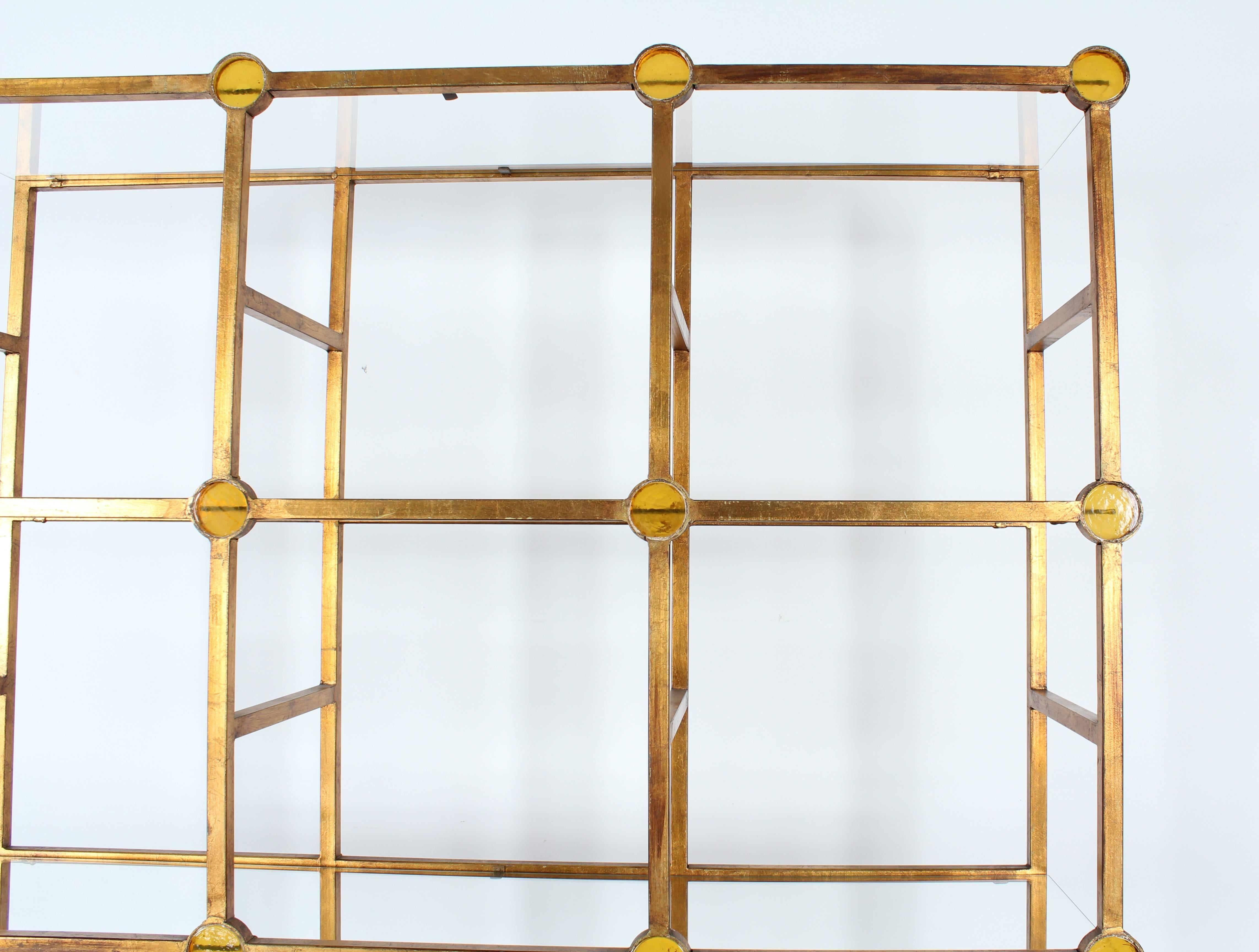 Modernist Architectural Gilded Iron and Glass Rondelles Étagère, 1950s 1