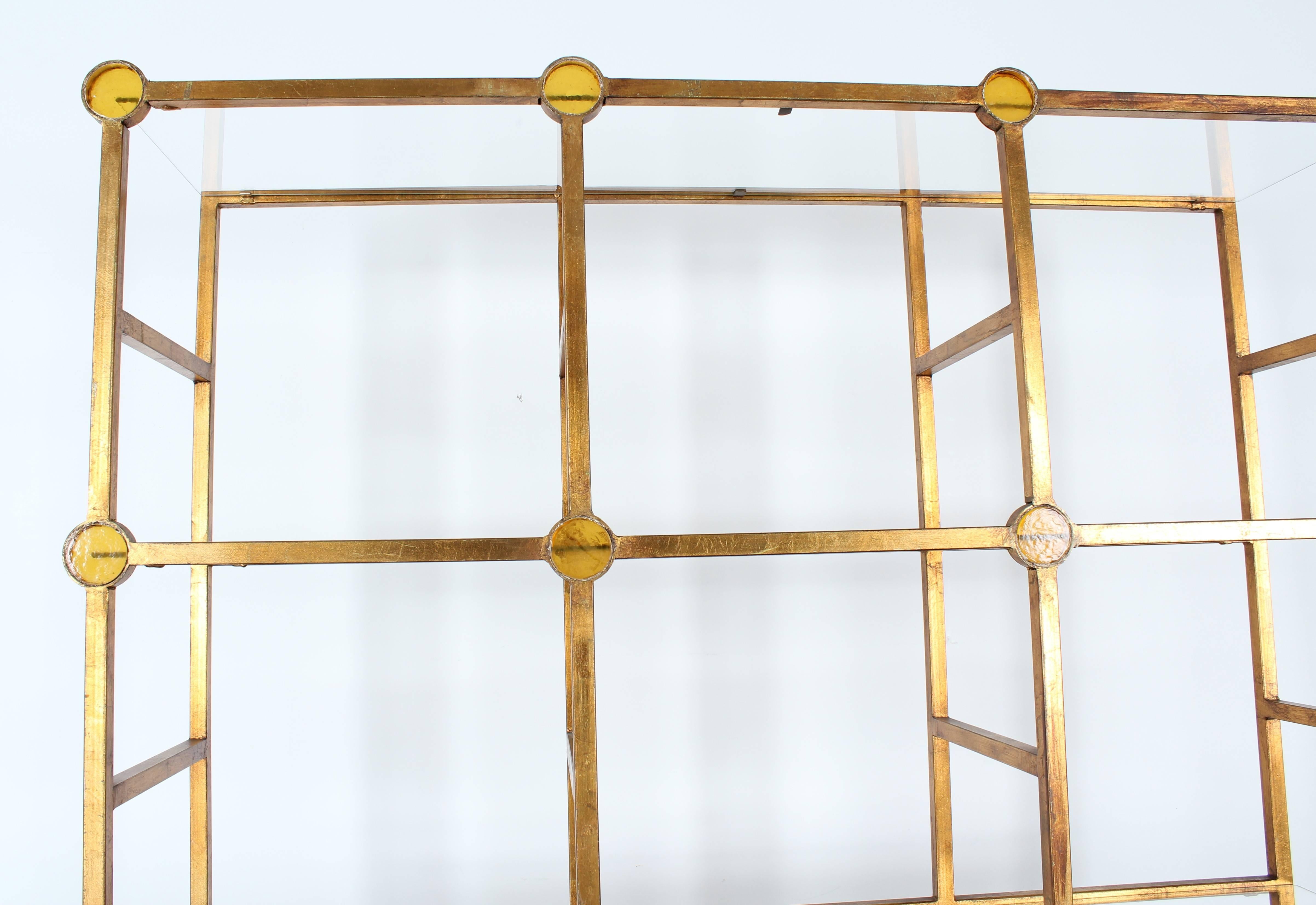 Modernist Architectural Gilded Iron and Glass Rondelles Étagère, 1950s 2