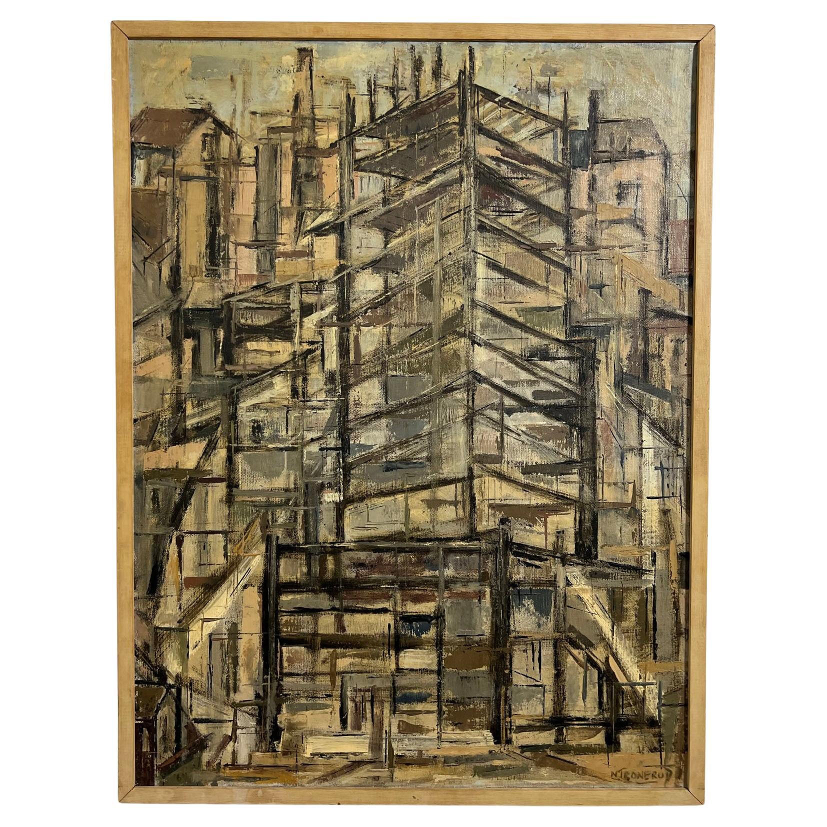 Modernist Architectural Oil Titled "The New City" by Norman Tronerud, D. 1964