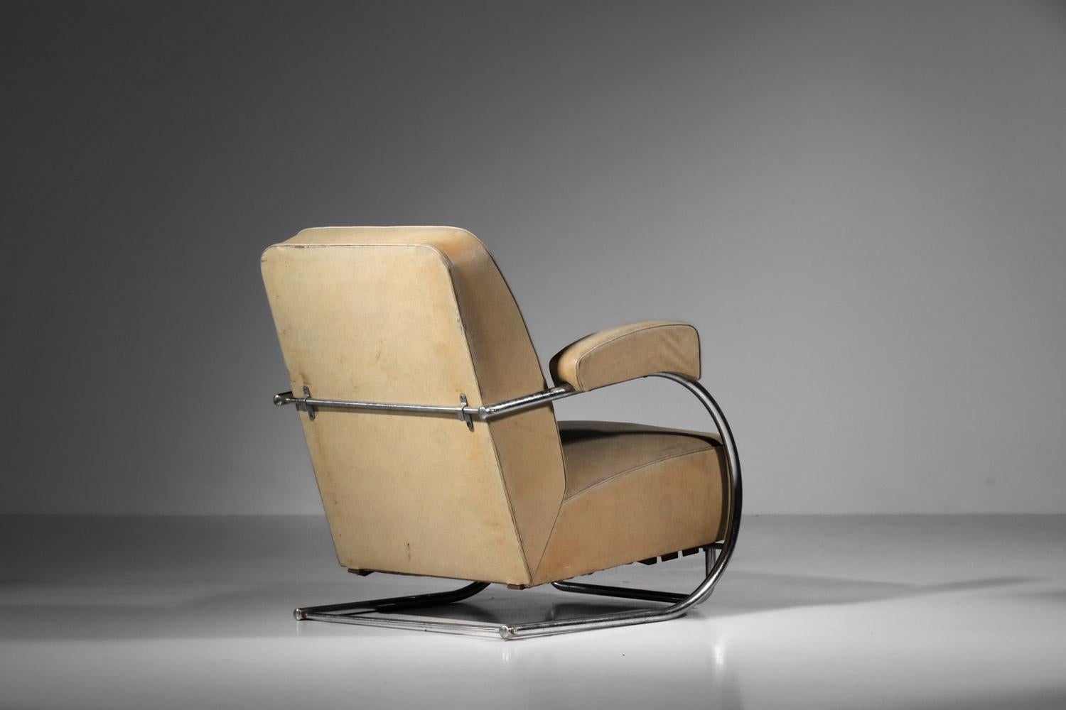 Modernist armchair in chromed steel tube and imitation leather from the 40's For Sale 9