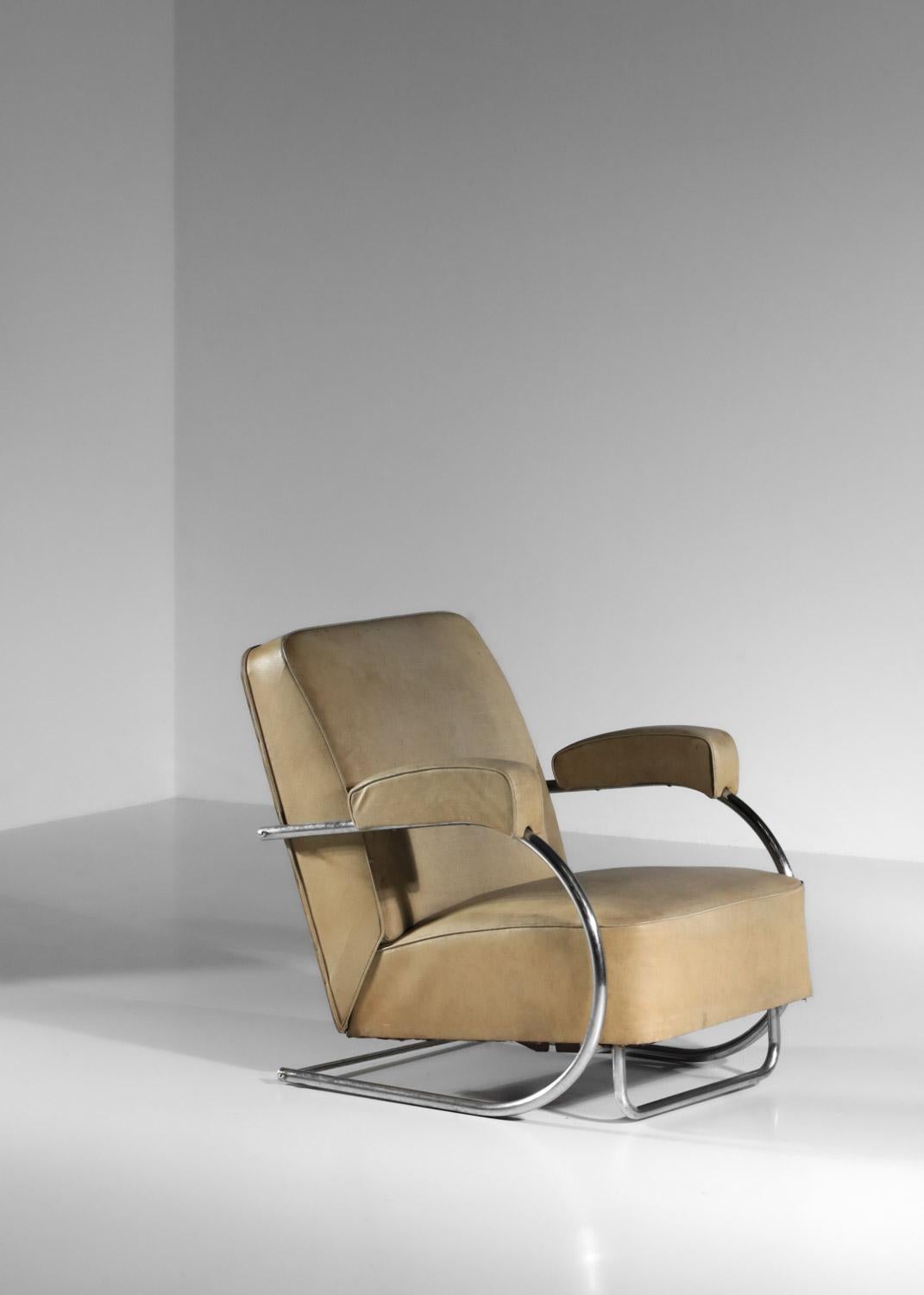 Modernist armchair in chromed steel tube and imitation leather from the 40's For Sale 12