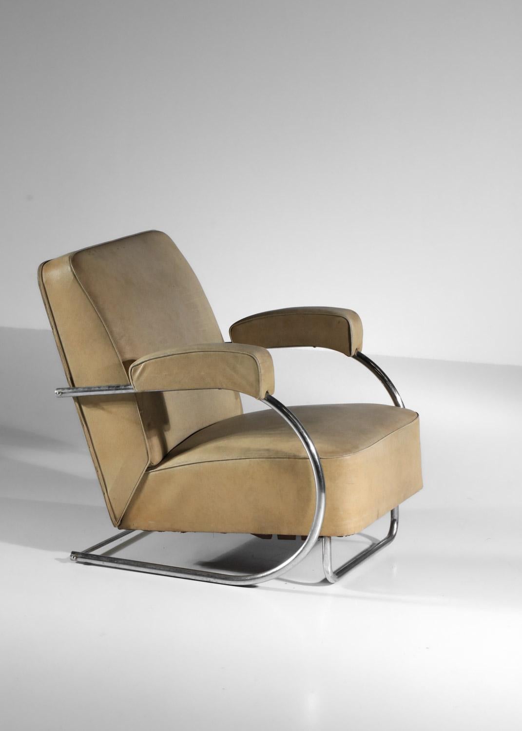 Modernist armchair in chromed steel tube and imitation leather from the 40's For Sale 13