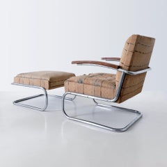 Modernist Armchair with Footstool, Chrome-Plated Steel, Fabric Upholstery, 1930