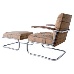 Modernist Armchair with Footstool, Chrome-Plated Steel, Fabric Upholstery, 1930