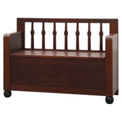 Modernist Art Deco bench with lift-top storage seat in solid oak, Belgium 1920s
