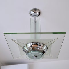 Modernist Art Deco Ceiling Lamp with Thick Glass and Chrome Finish, France 1930s