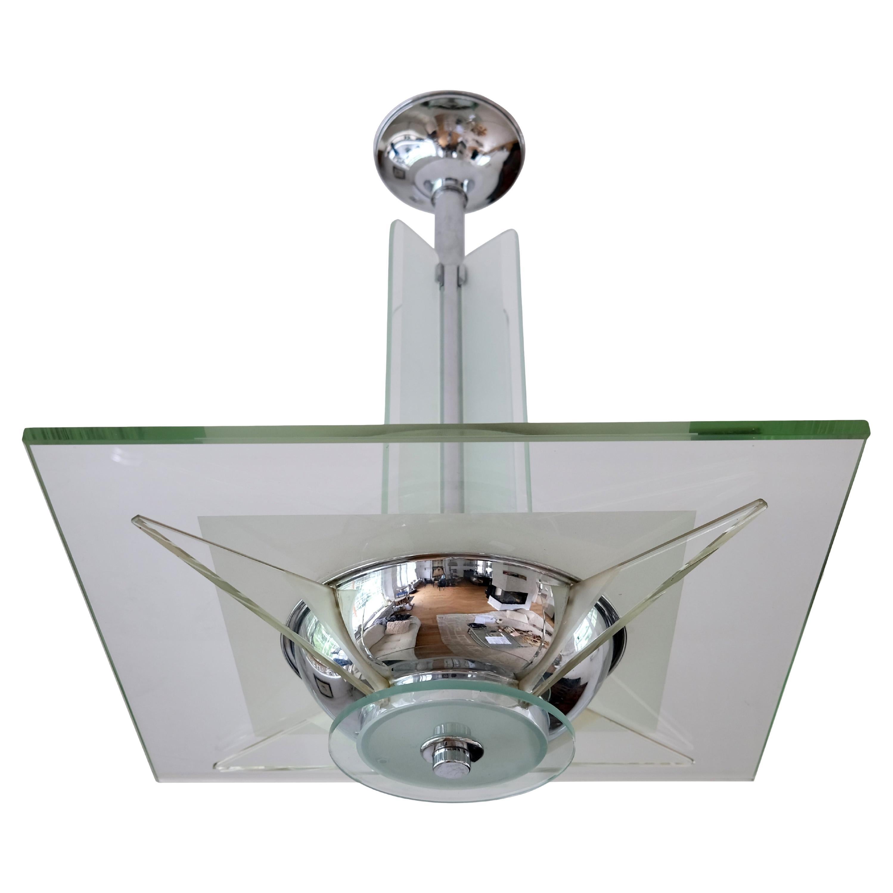 Lámpara de techo modernista Art Decó de cristal grueso y acabado cromado, Francia Años 30 en venta