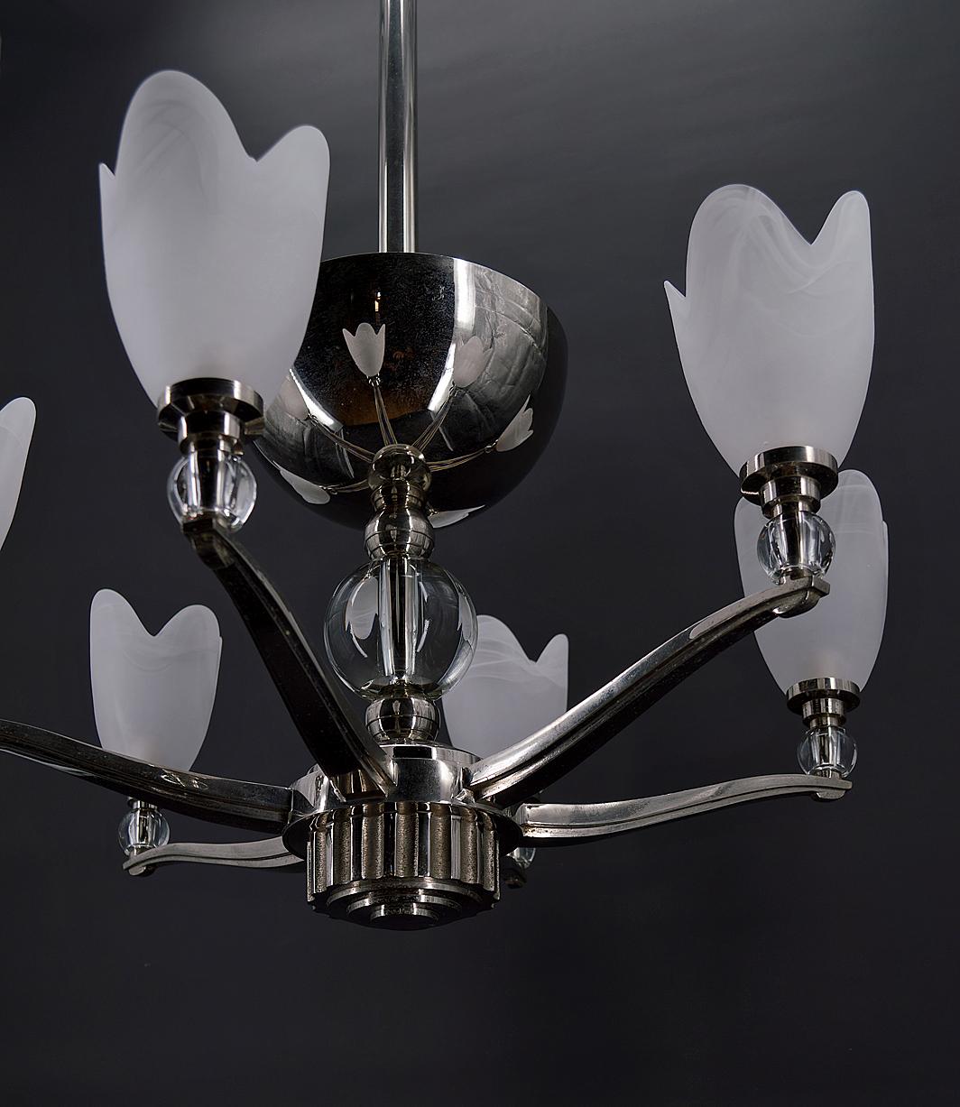 Modernist Art Deco Chrome Chandelier, France, circa 1930 For Sale 4