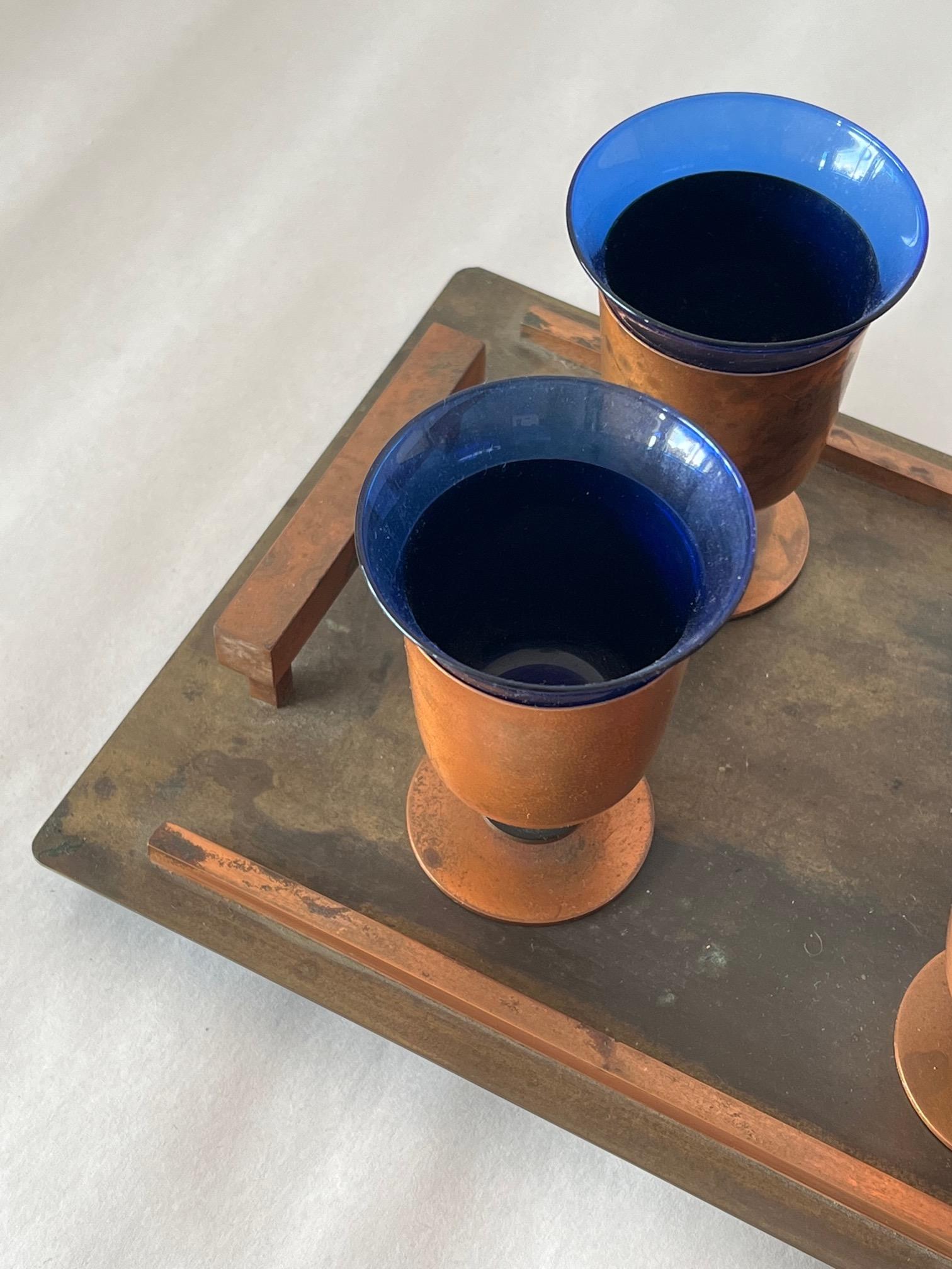 Mid-20th Century Modernist Art Deco Cobalt Glass and Copper Tray Drink Set For Sale