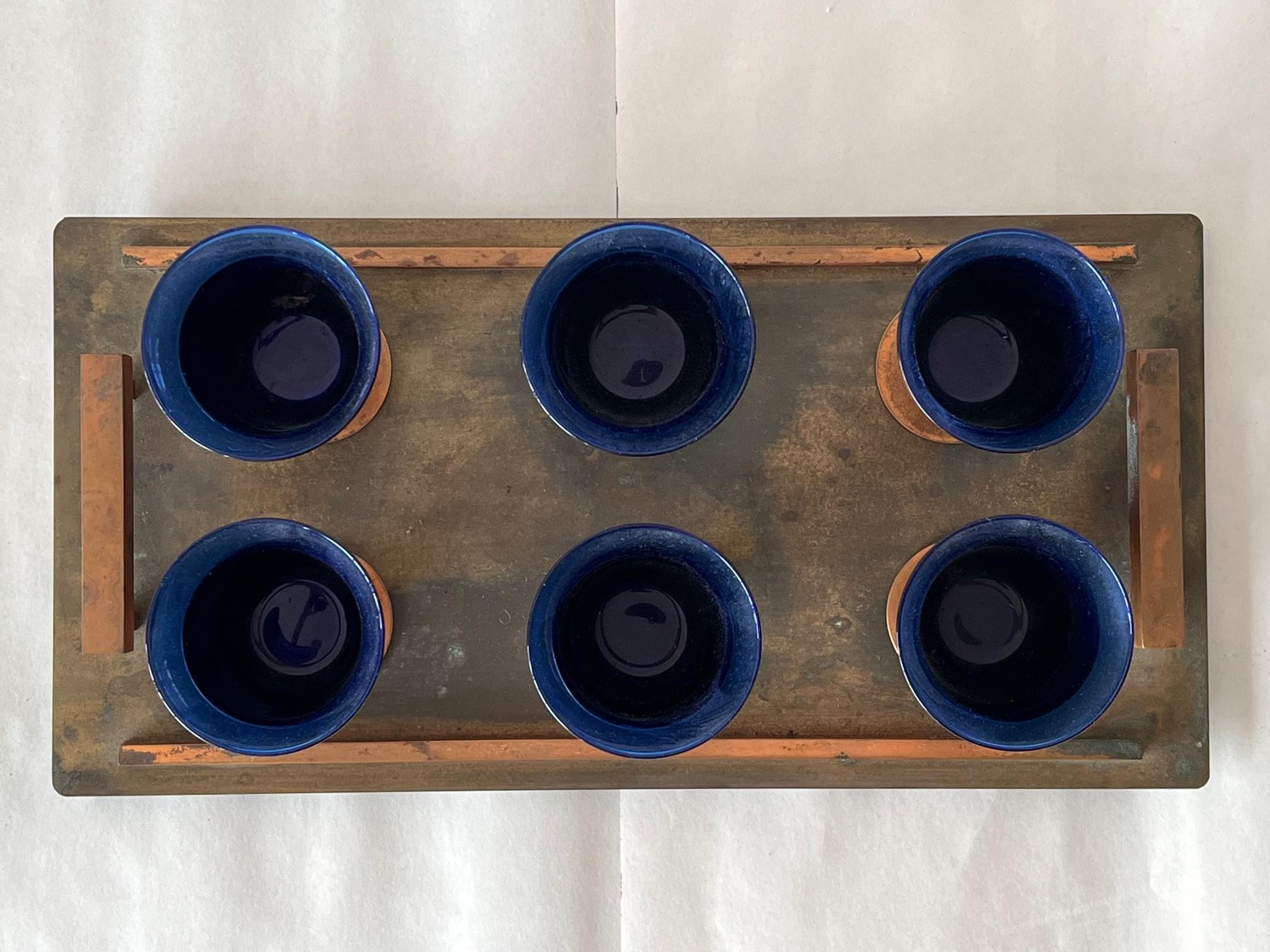 Modernist Art Deco Cobalt Glass and Copper Tray Drink Set For Sale 1