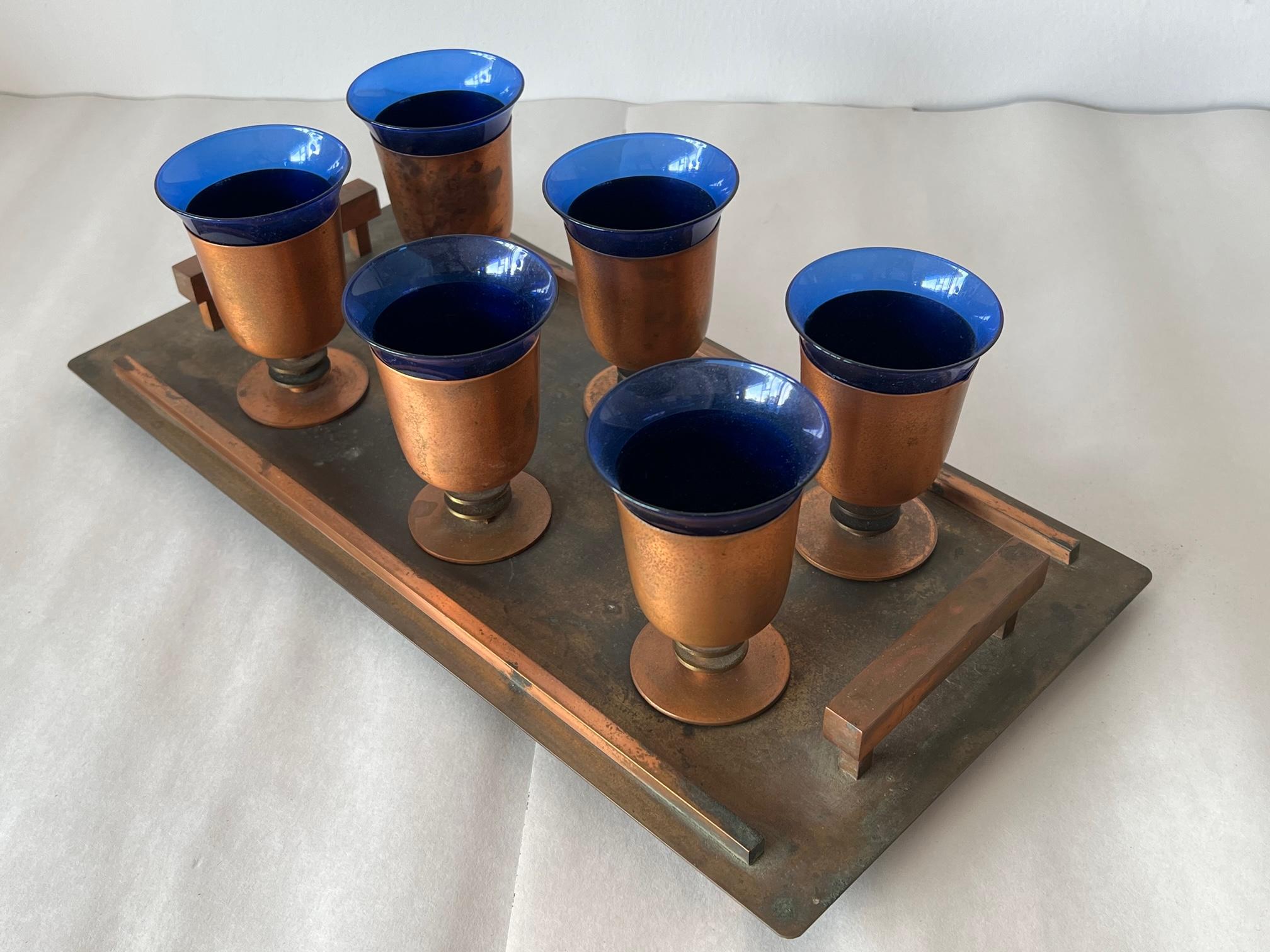 Modernist Art Deco Cobalt Glass and Copper Tray Drink Set For Sale 2