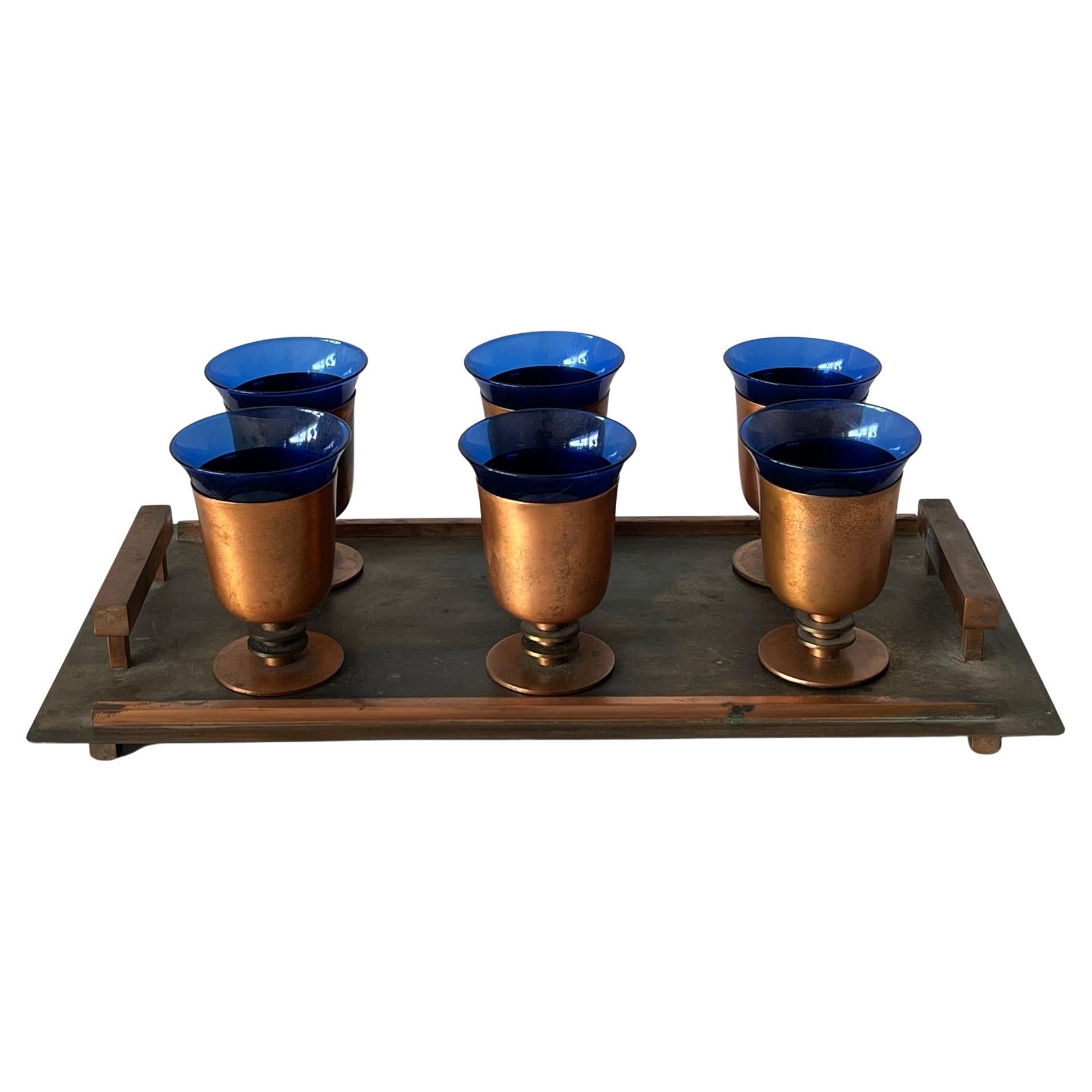 Modernist Art Deco Cobalt Glass and Copper Tray Drink Set