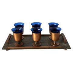 Vintage Modernist Art Deco Cobalt Glass and Copper Tray Drink Set