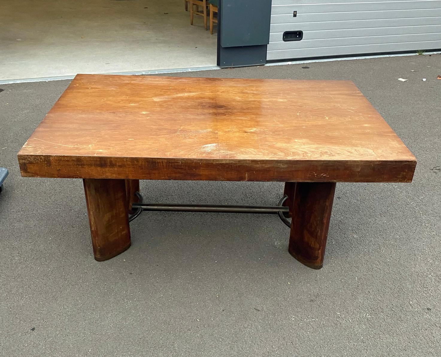 Mid-20th Century Modernist Art Deco Desk or Table in Walnut, Metal Spacer and Shoe, circa 1930 For Sale