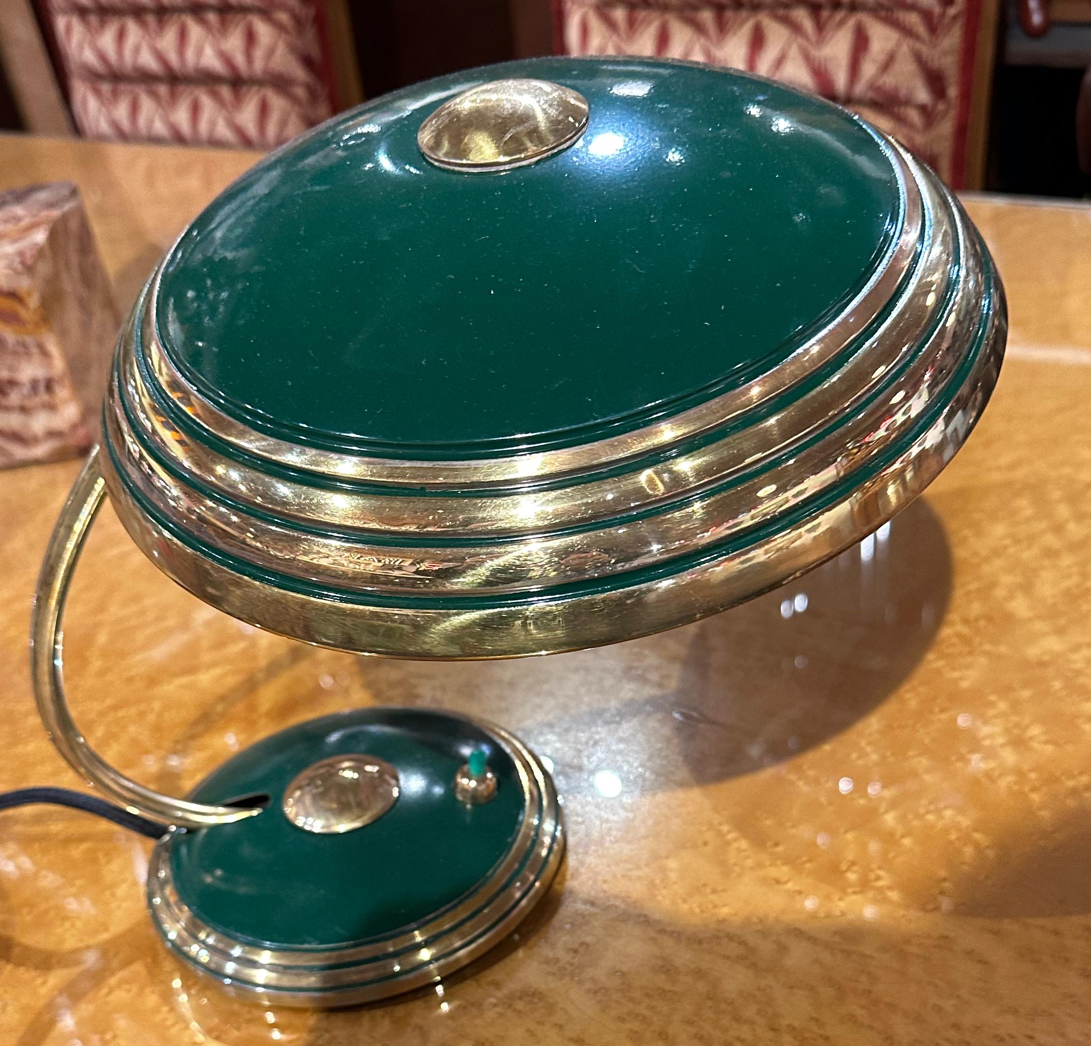 French Modernist Art Deco Enamel Green and Brass Table Lamp For Sale