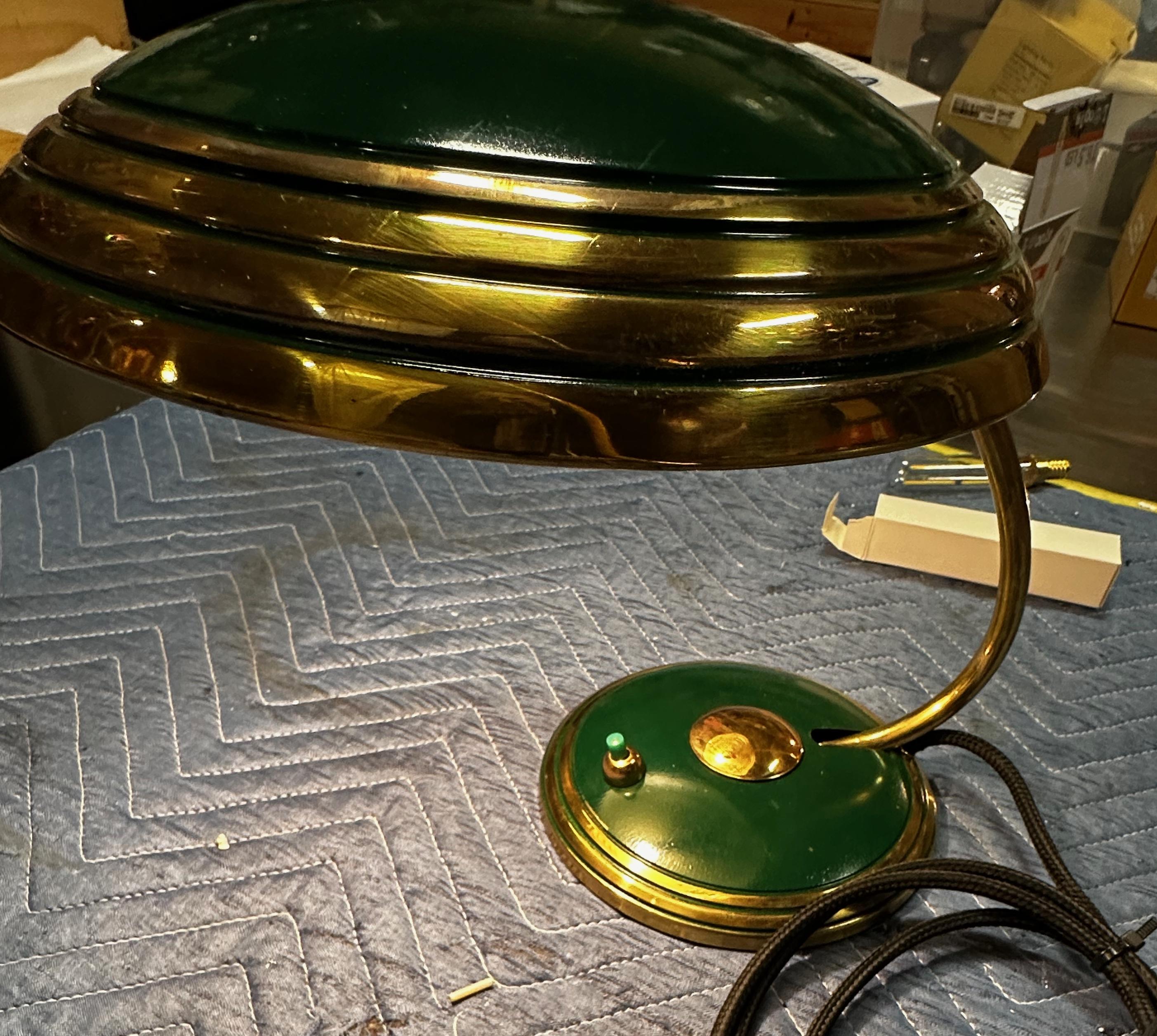 Mid-20th Century Modernist Art Deco Enamel Green and Brass Table Lamp For Sale