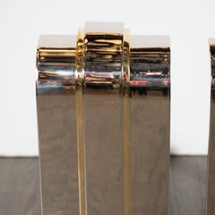 Modernist Art Deco Inspired Nickel and Brass Andirons, Manner of Karl Springer