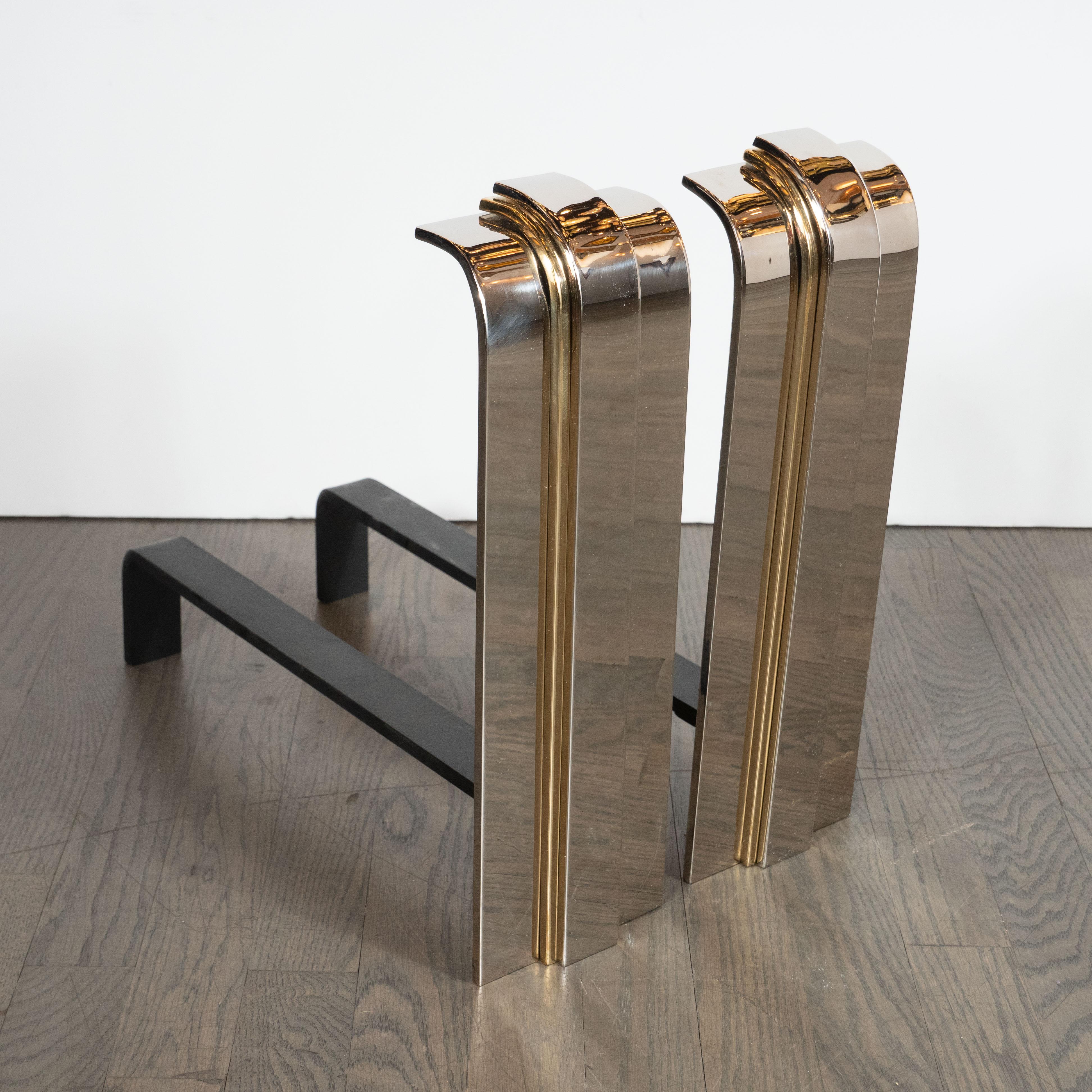 Mid-Century Modern Modernist Art Deco Inspired Nickel and Brass Andirons, Manner of Karl Springer For Sale