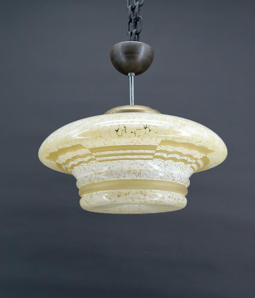 French Modernist Art Deco pendant light in acid-etched glass, France, Circa 1930 For Sale