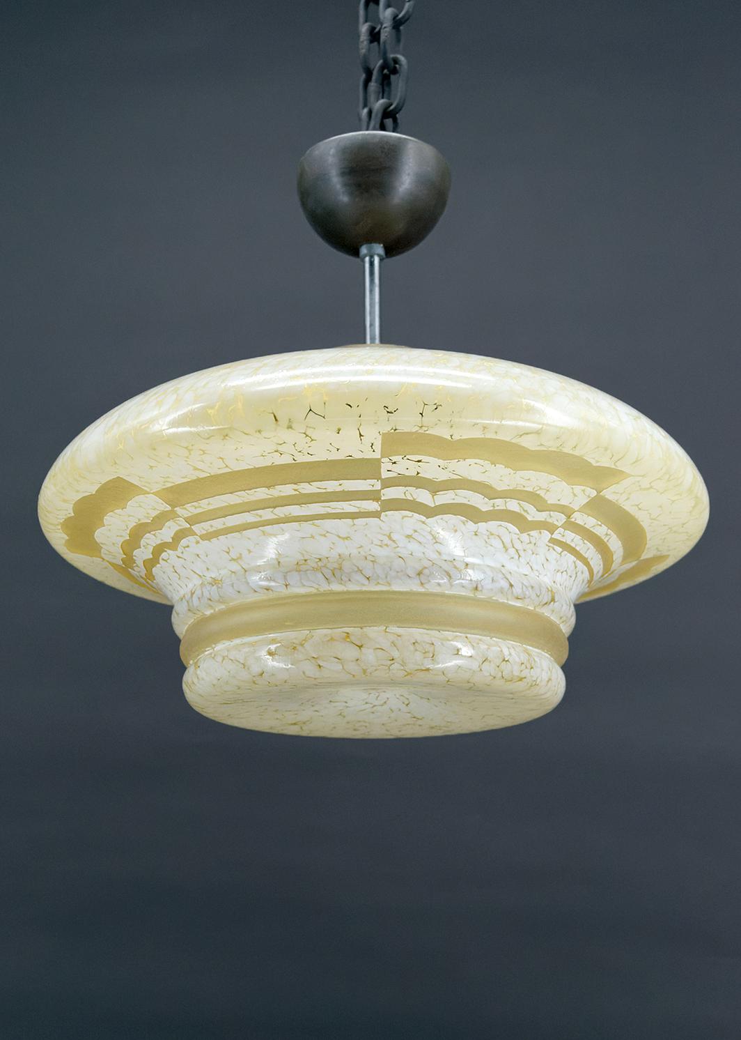 Engraved Modernist Art Deco pendant light in acid-etched glass, France, Circa 1930 For Sale