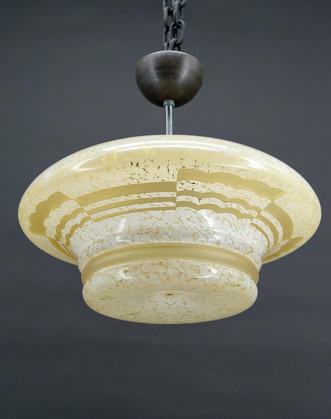 Mid-20th Century Modernist Art Deco pendant light in acid-etched glass, France, Circa 1930 For Sale
