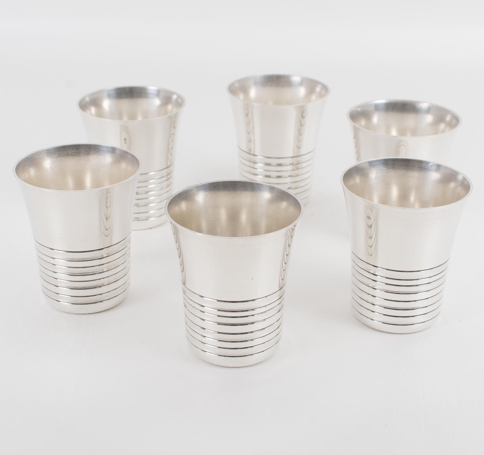 Modernist Art Deco Silver Plate Cocktail Cordial Cups or Shot Glasses, 6 pieces For Sale 1