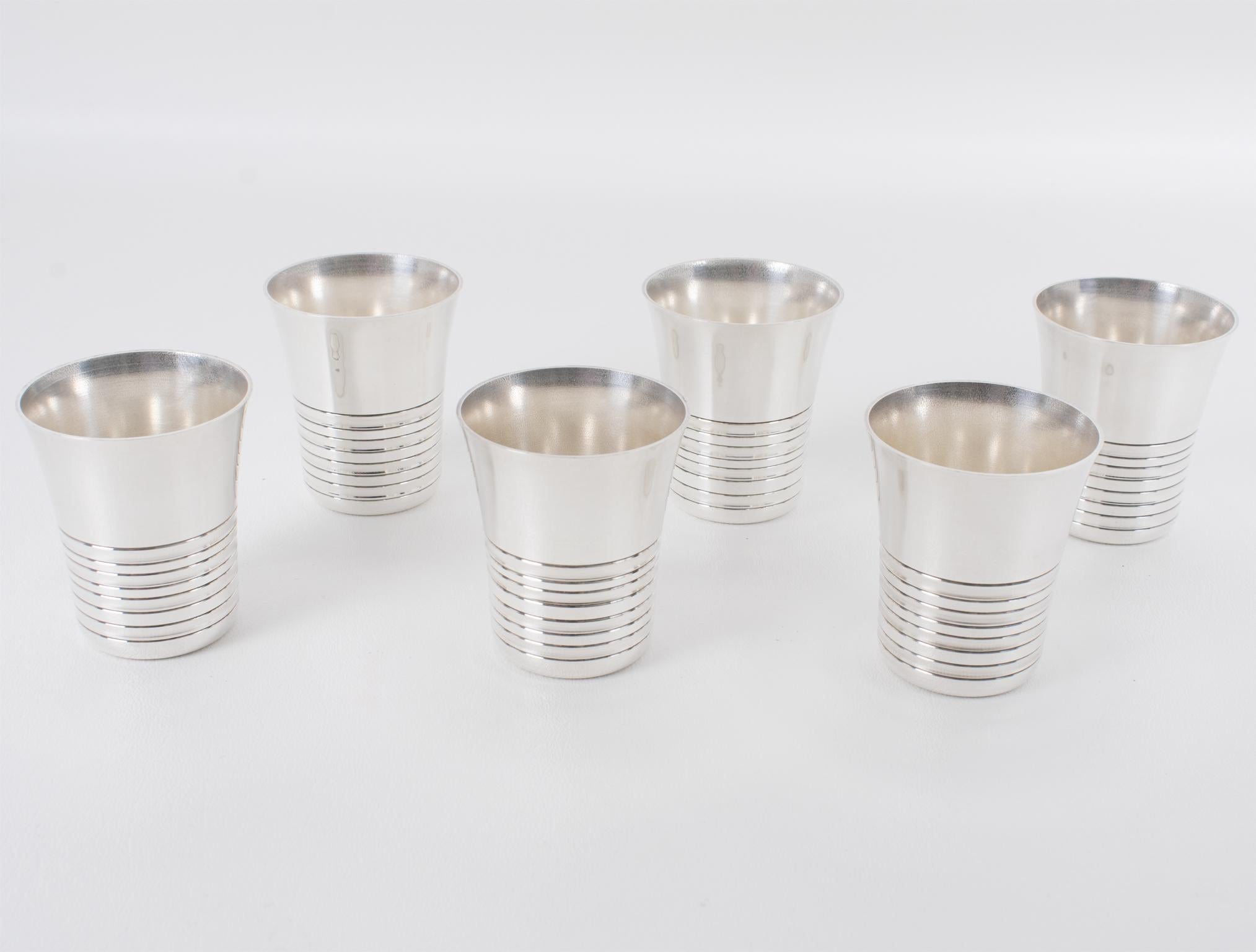 French Modernist Art Deco Silver Plate Cocktail Cordial Cups or Shot Glasses, 6 pieces For Sale