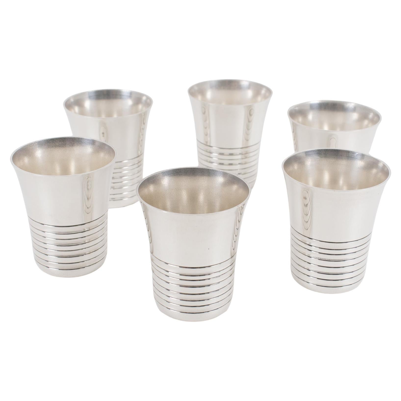 Copas cordiales de cóctel o vasos de chupito modernistas Art Decó de chapa de plata, 6 piezas