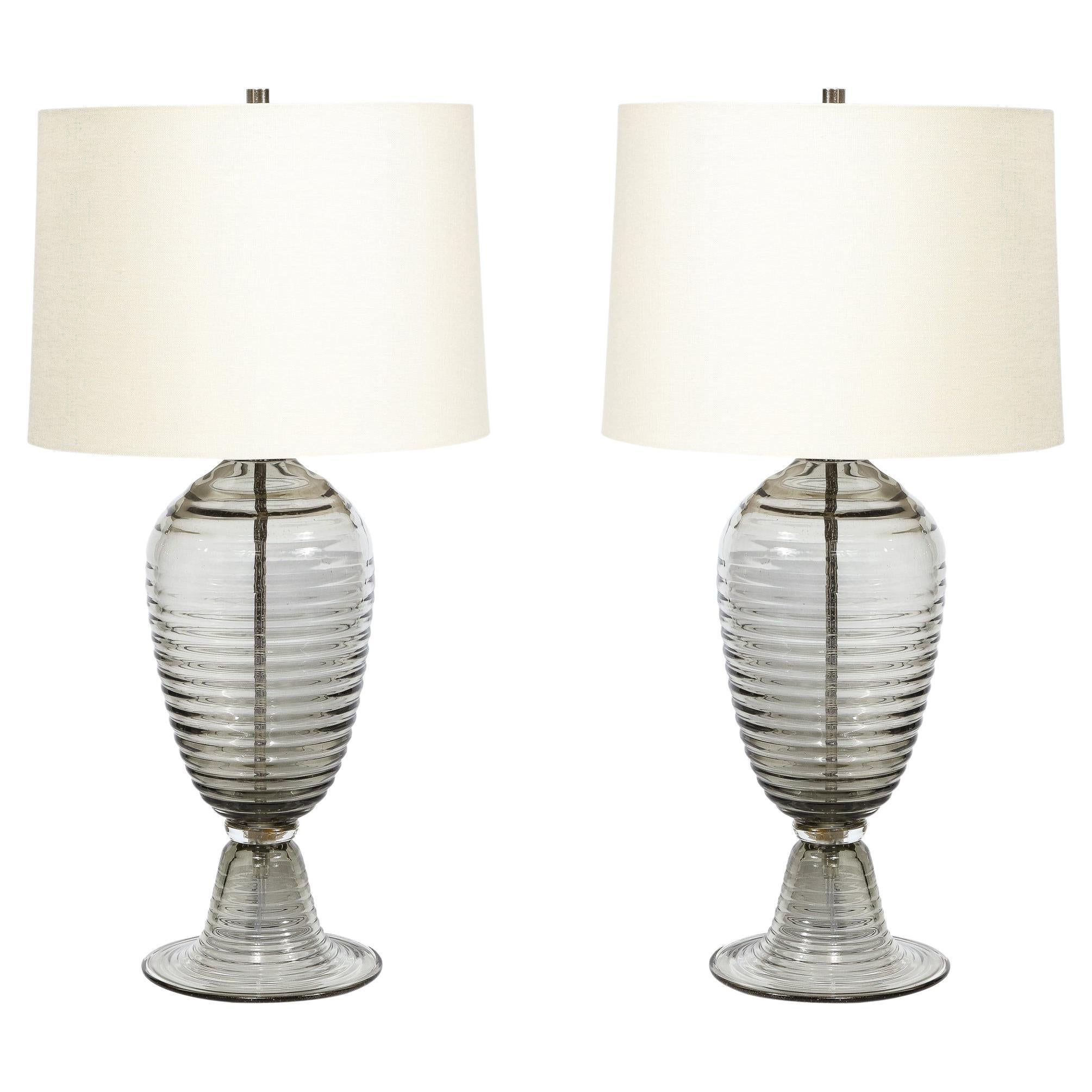 Modernist Art Deco Style Hive Form Hand-Blown Murano Smoked Glass Table Lamps For Sale
