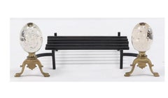 Modernist Art Glass and Brass Andirons with Log Holder circa 1970