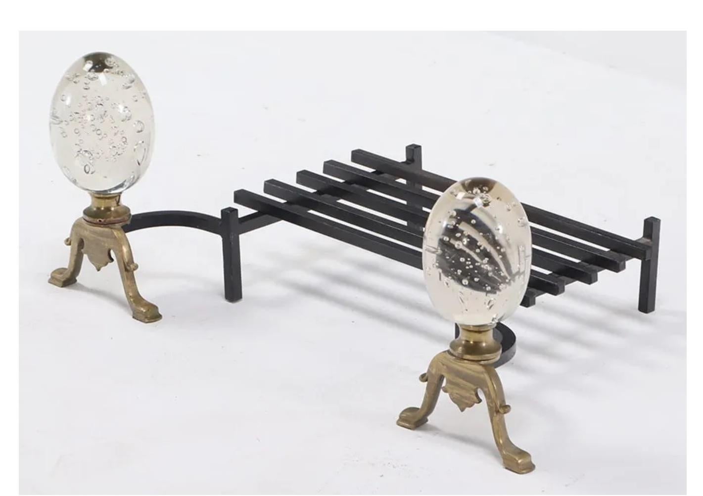 Modernist Art Glass and Brass Andirons with Log Holder circa 1970 In Good Condition For Sale In Chicago, IL