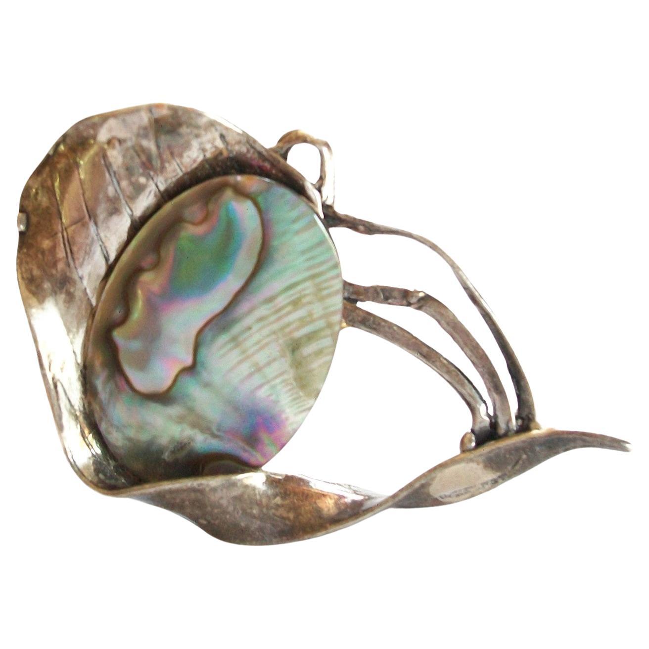 Modernist Artisan Sterling Silver and Abalone Pin/Brooch, Mexico, circa 1970s For Sale