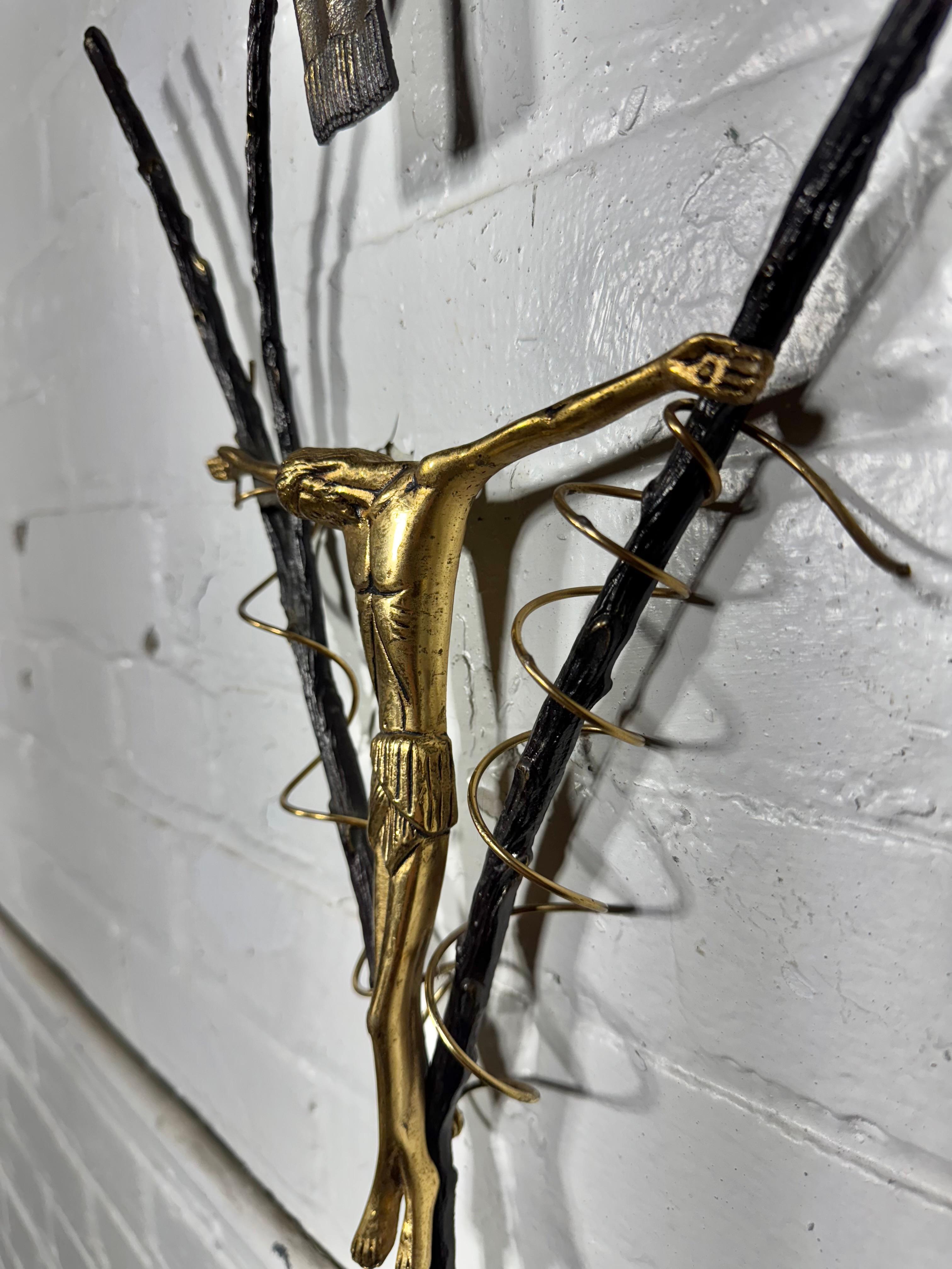 Hand-Crafted Modernist Artist Made Bronze Crucifix. Unusual /TWIG & JESUS For Sale
