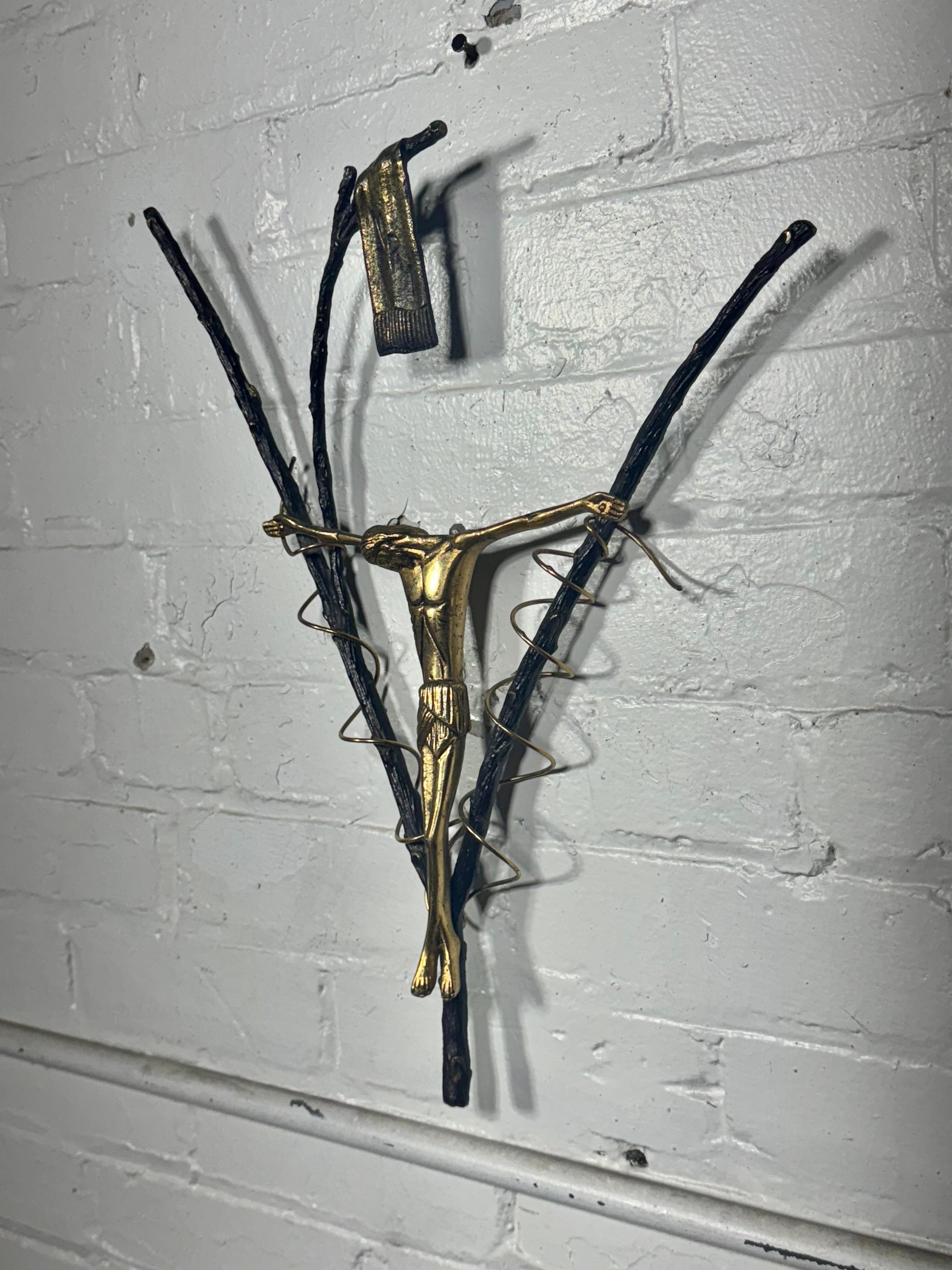 Modernist Artist Made Bronze Crucifix. Unusual /TWIG & JESUS For Sale 1