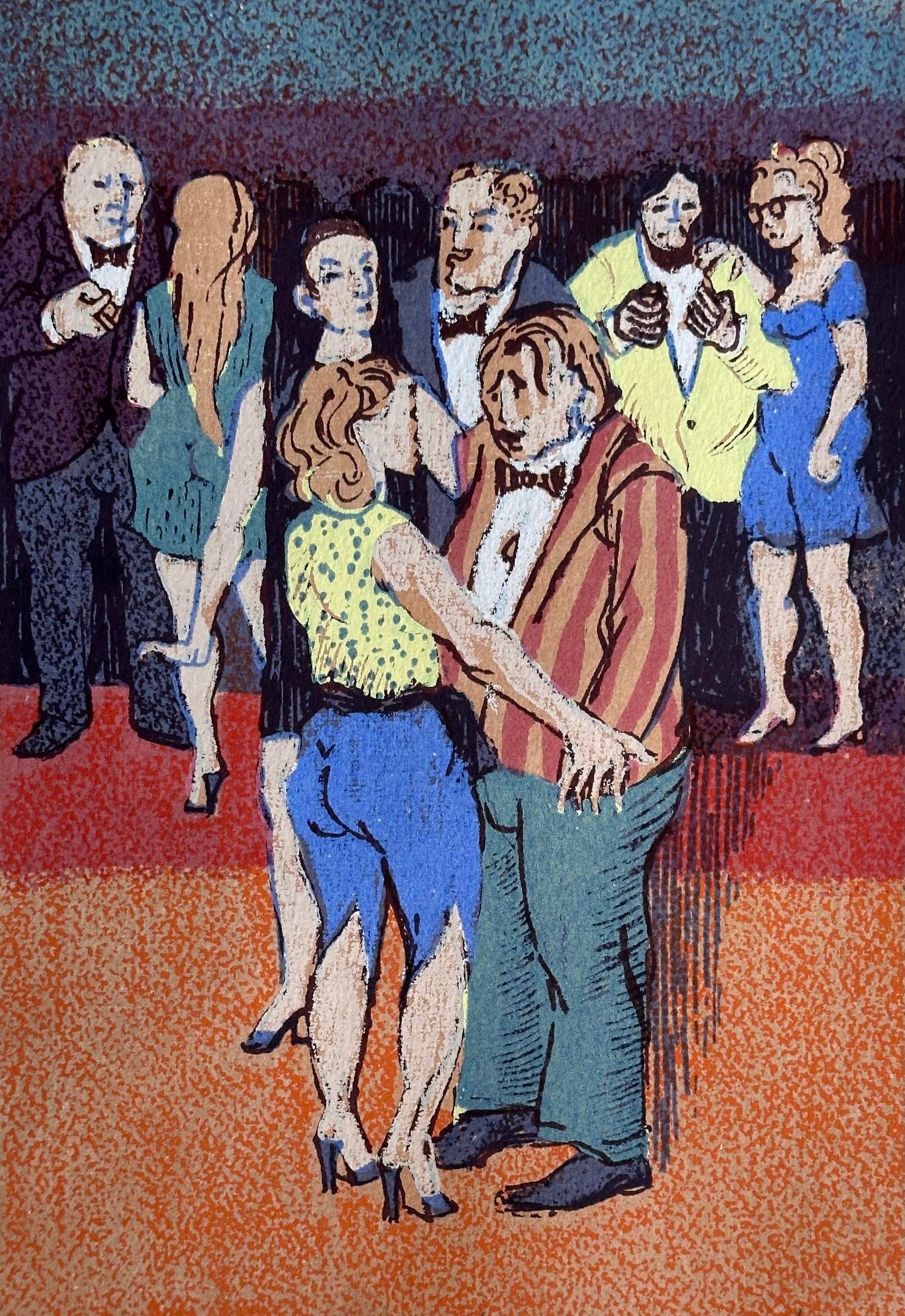 20ième siècle Lithographie d'artiste moderniste « Cocktail Couple » de l'artiste coté Bill Voss en vente