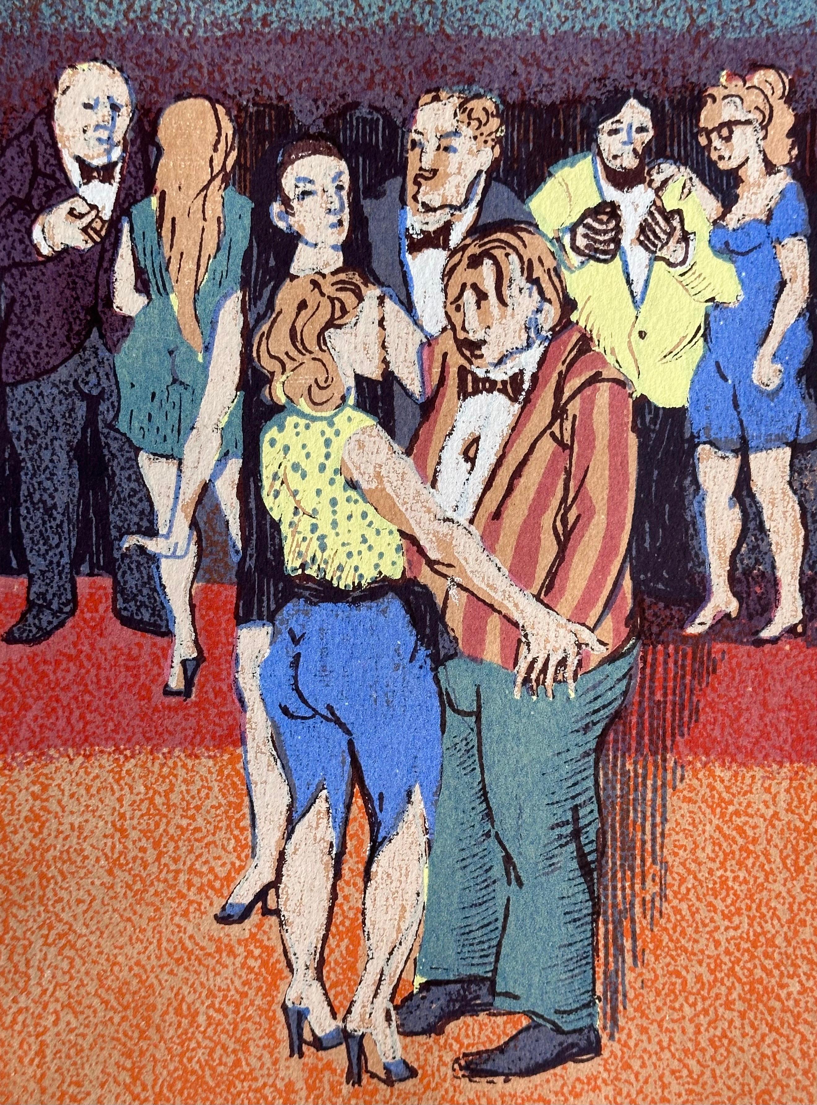 Papier Lithographie d'artiste moderniste « Cocktail Couple » de l'artiste coté Bill Voss en vente