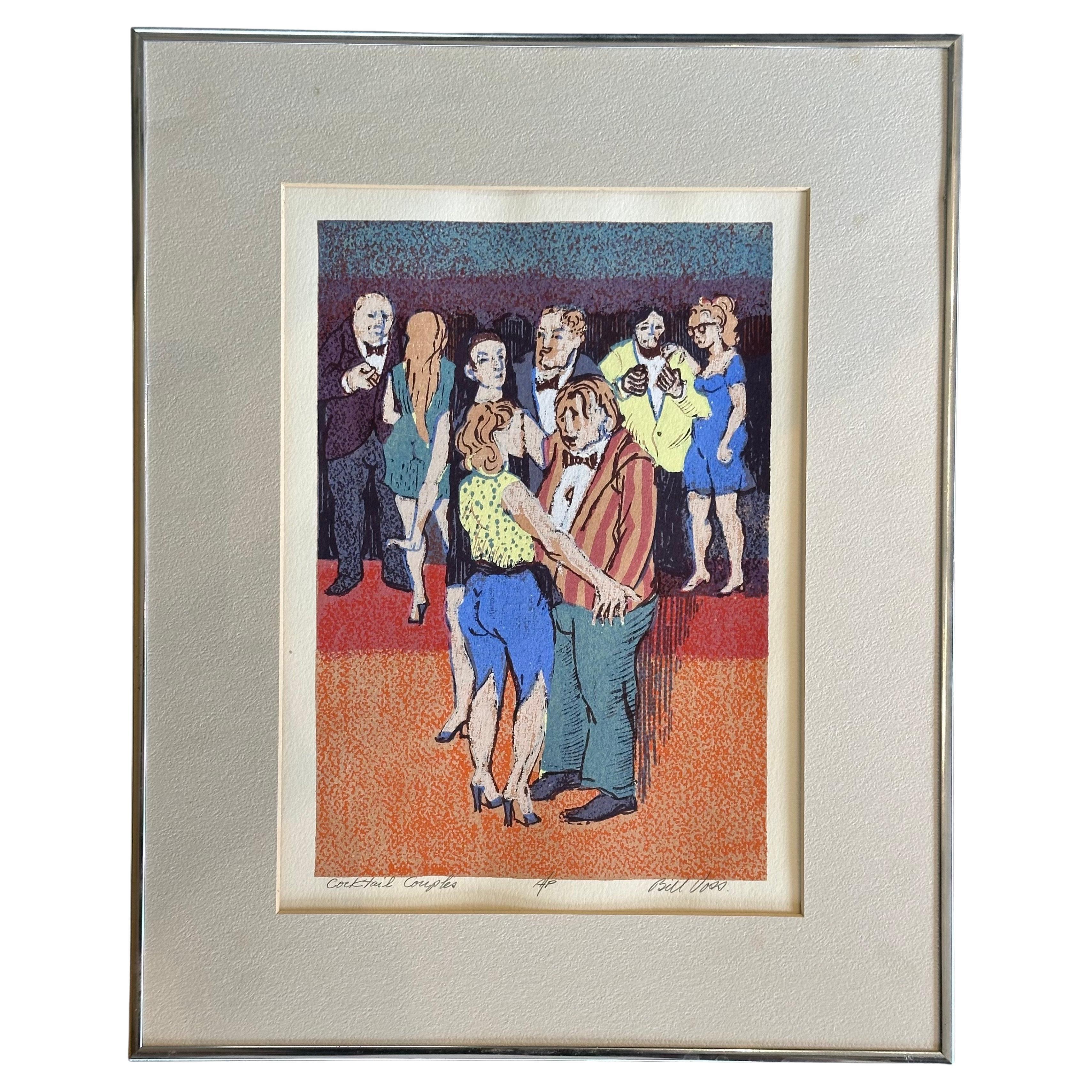 Litografía modernista a prueba de artista "Pareja de cócteles" del artista cotizado Bill Voss