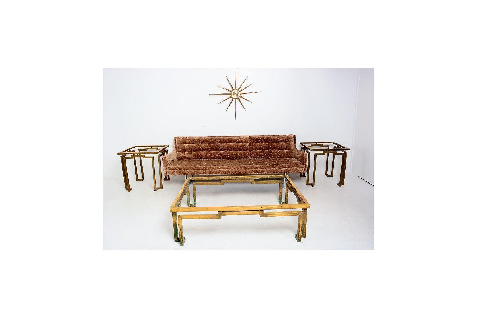 Coffee Table
Fabulous Mexican Modernism Rectangular Coffee- Cocktail Table
Solid Brass and Glass designed by Arturo Pani Mexico 1950s.  
Sculptural Greek design table remains in original unrestored vintage preowned condition. Patina is