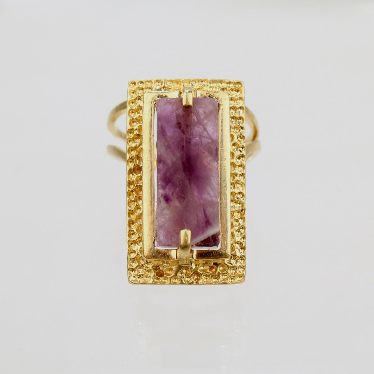 Modernist Asymmetrical 18k Gold and Rough Cut Amethyst Gemstone Cocktail Ring For Sale 2