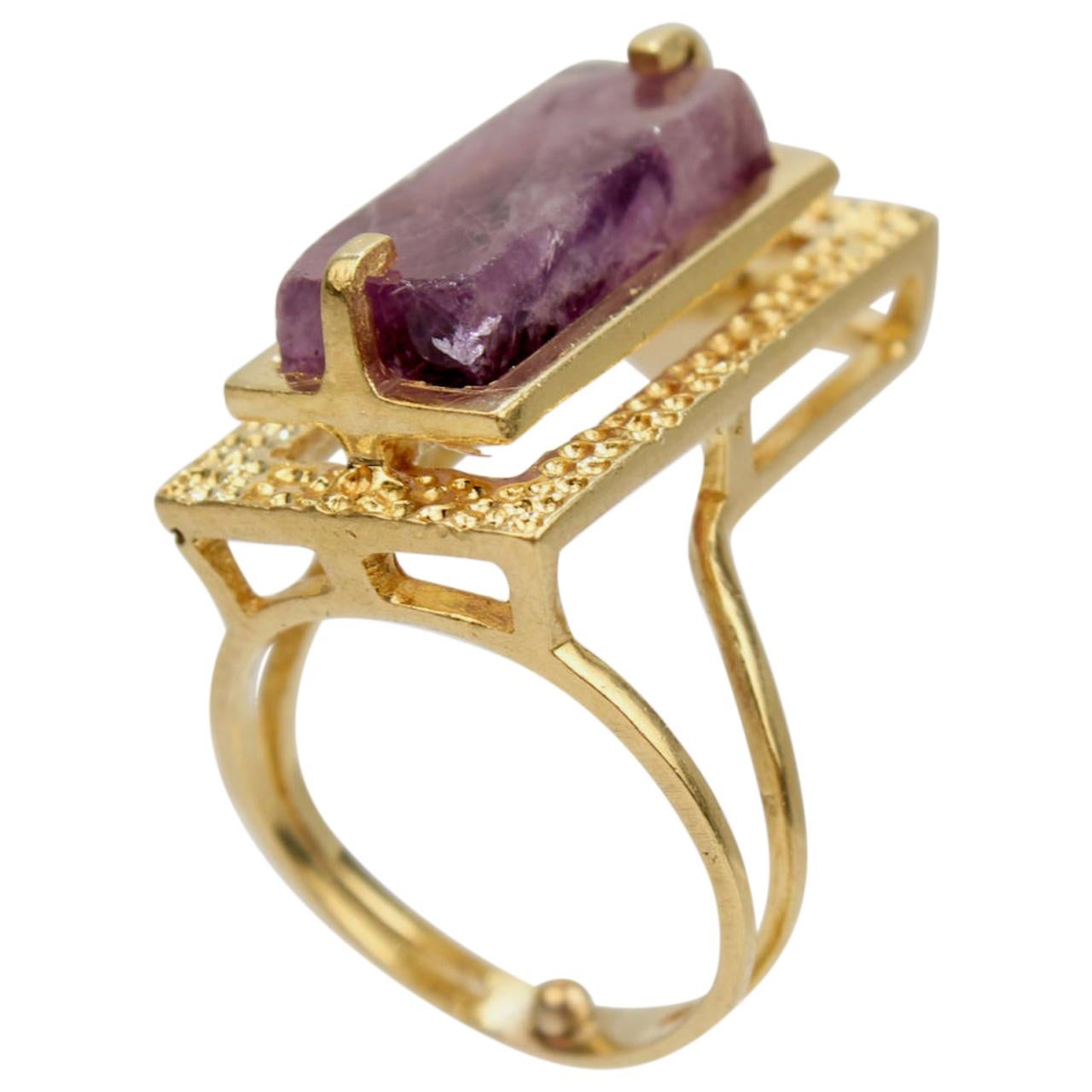 Modernist Asymmetrical 18k Gold and Rough Cut Amethyst Gemstone Cocktail Ring