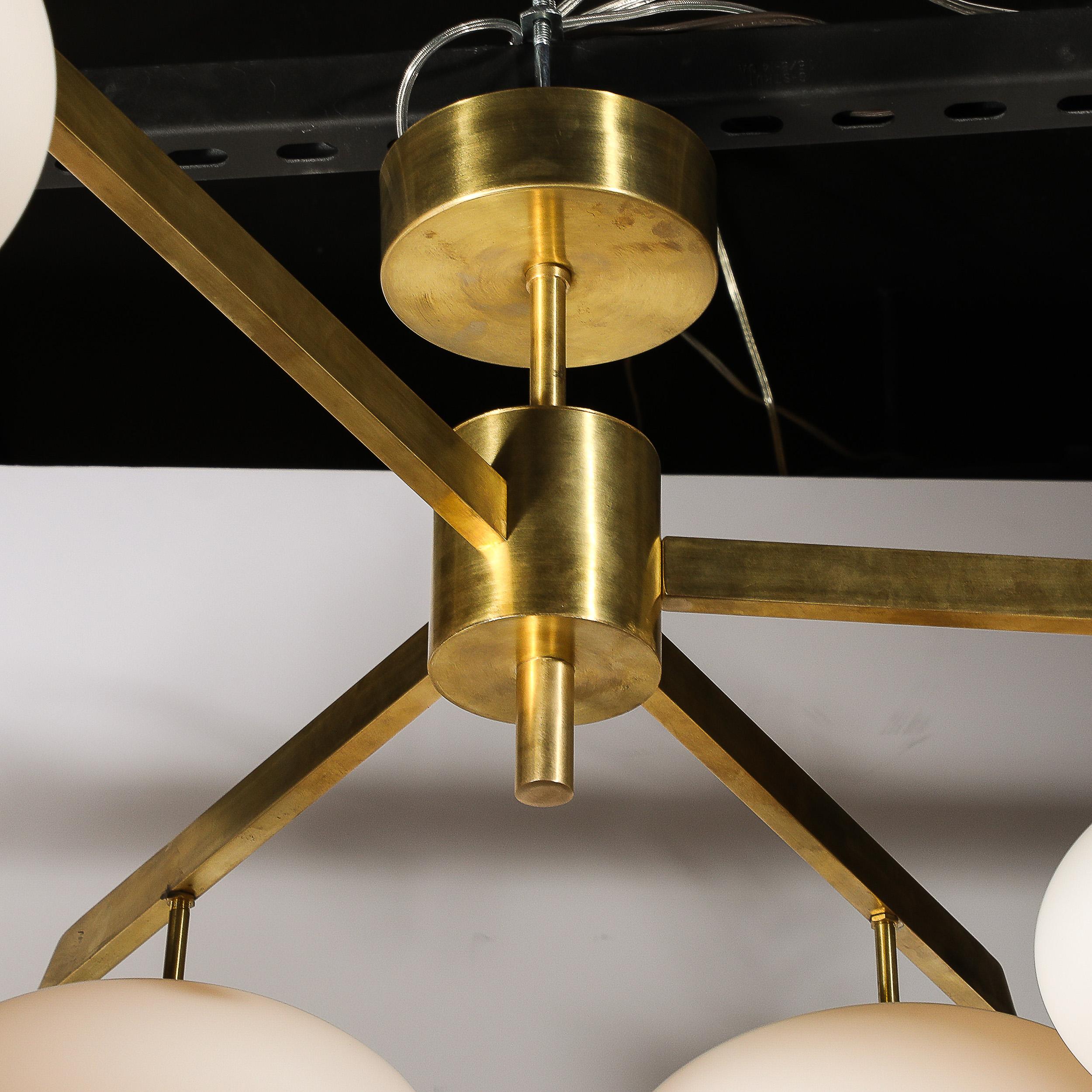 Modernist Asymmetrical Brushed Brass & Frosted Glass Four-Arm Globe Chandelier For Sale 5