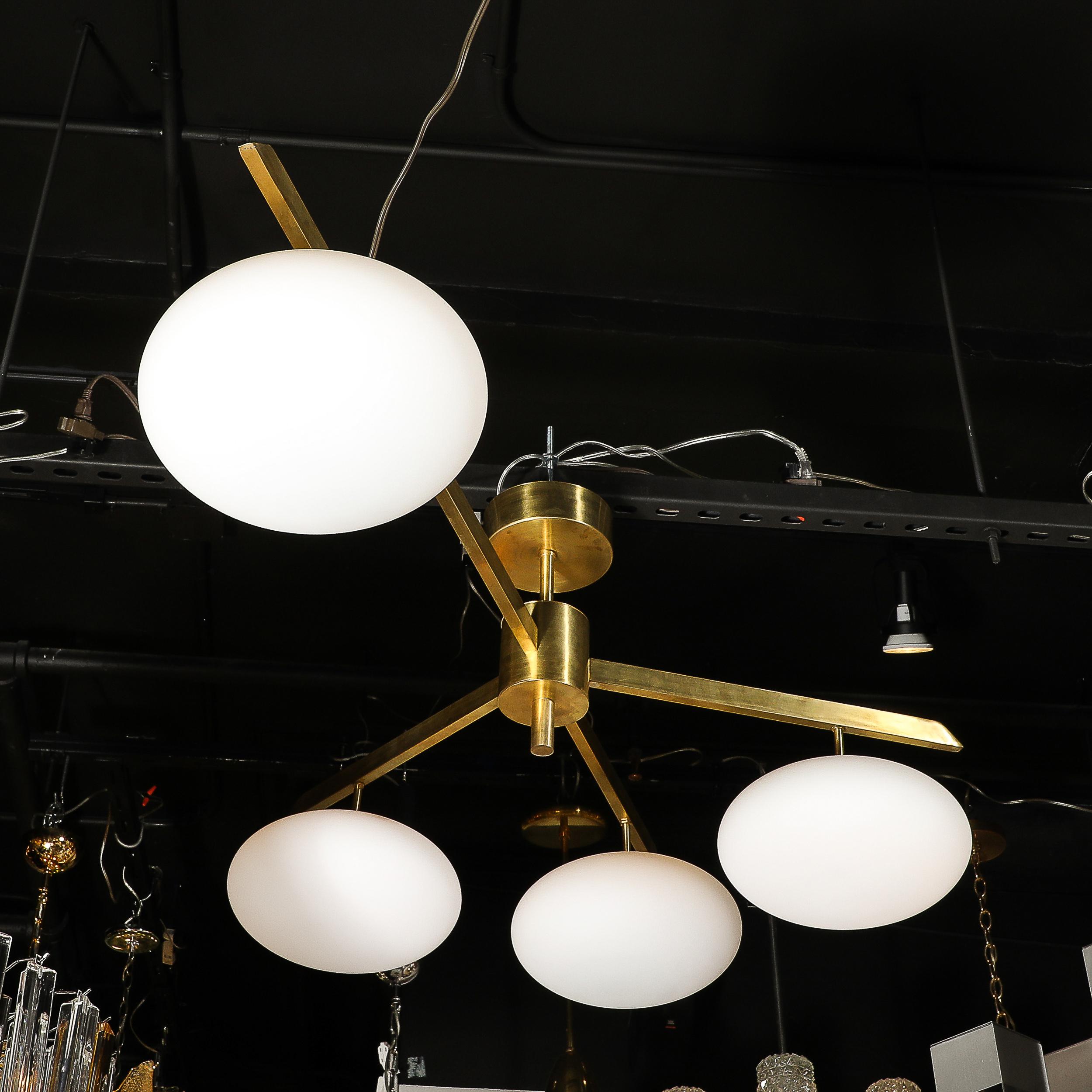 Modernist Asymmetrical Brushed Brass & Frosted Glass Four-Arm Globe Chandelier For Sale 9