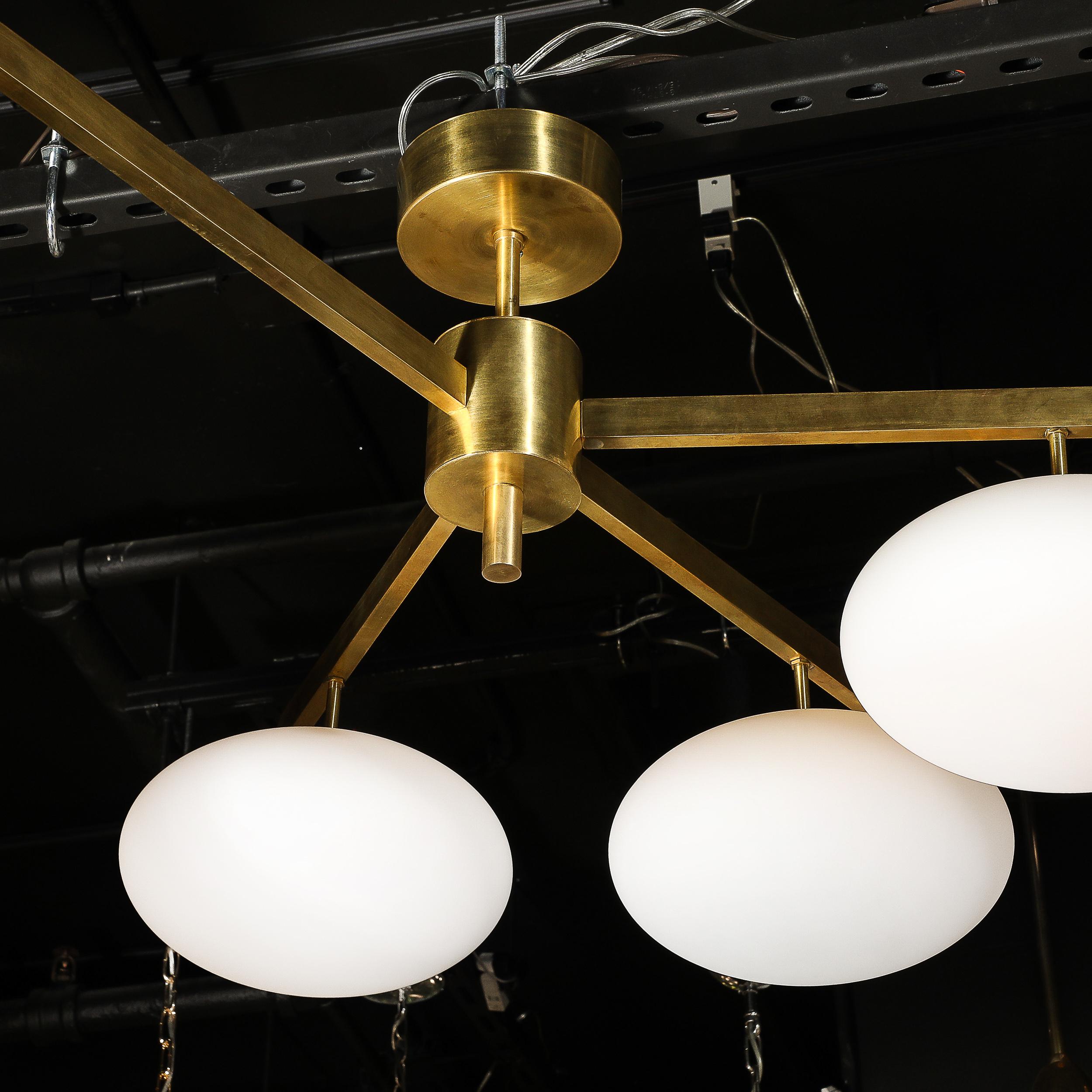 Modernist Asymmetrical Brushed Brass & Frosted Glass Four-Arm Globe Chandelier For Sale 11
