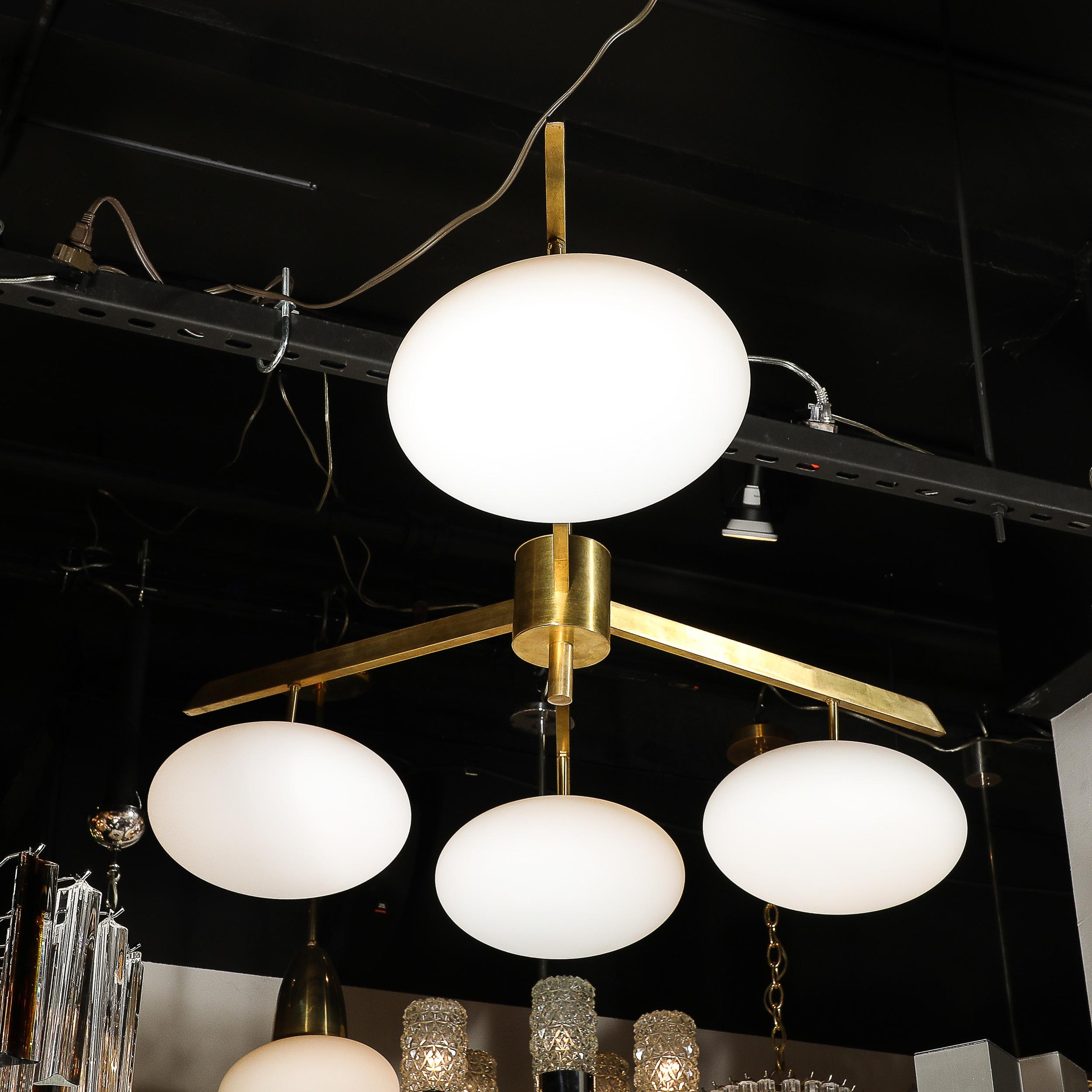 Modernist Asymmetrical Brushed Brass & Frosted Glass Four-Arm Globe Chandelier For Sale 12